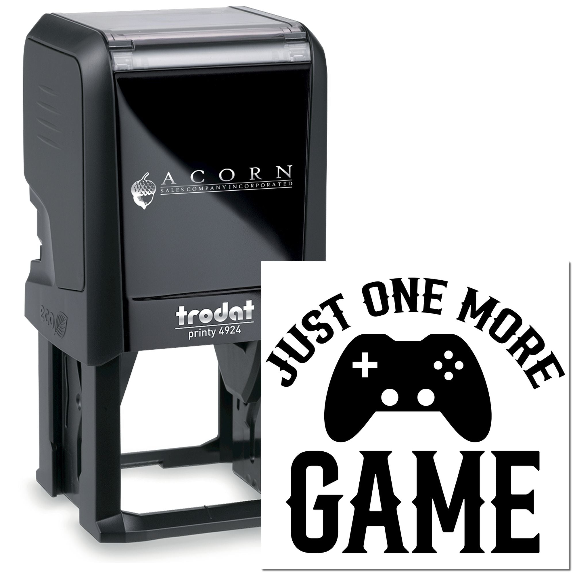 Custom Trodat self-inking rubber stamp with Just One More Game gamer logo for gaming-themed impressions.