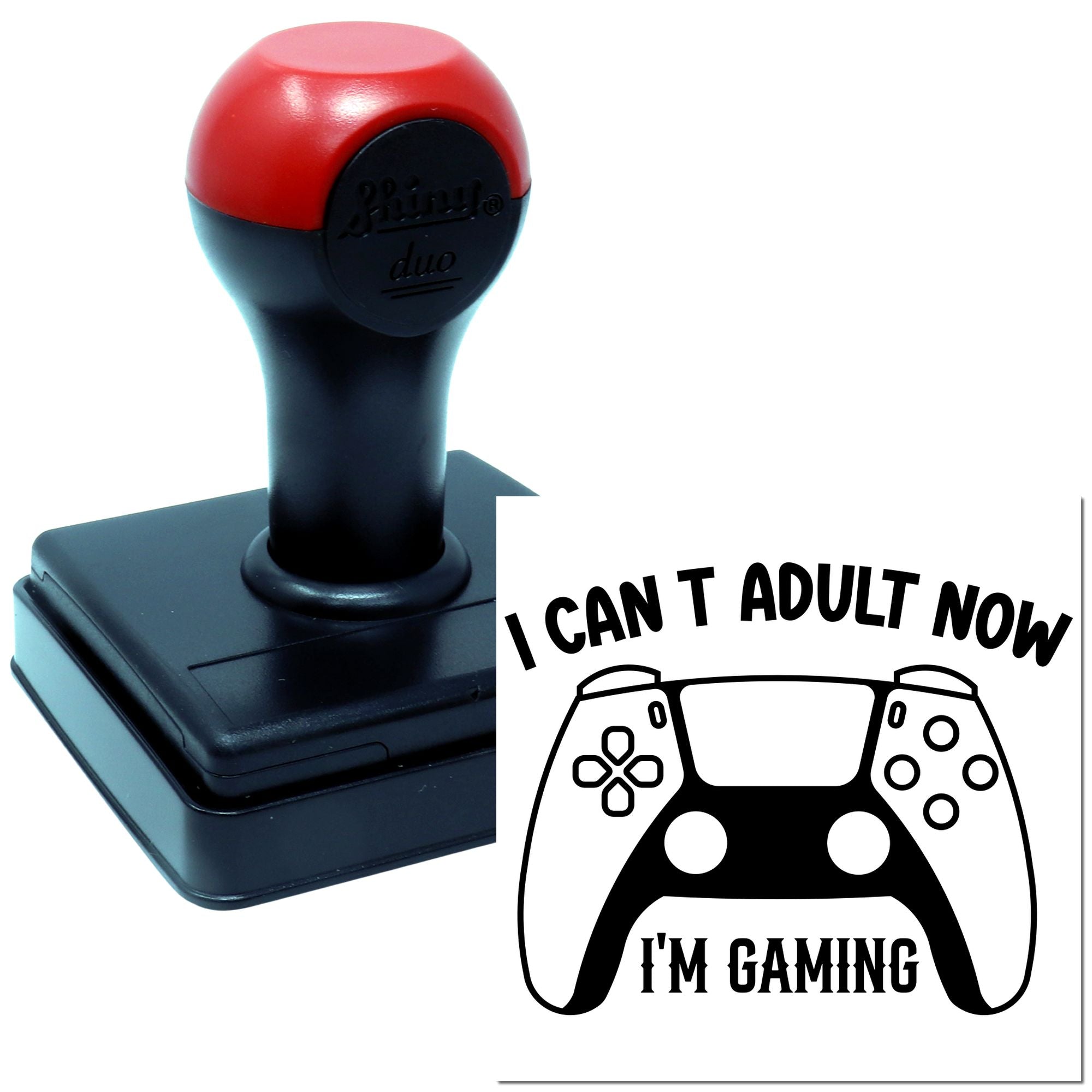 Self-inking rubber stamp with I Cant Adult Now Im Gaming game controller design for personalized gamer stamps