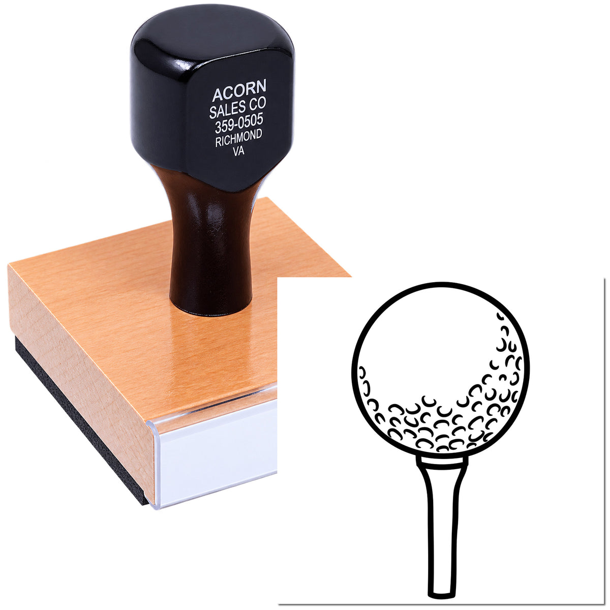 Personalized golf ball rubber stamp for marking custom logos on golf balls, shown with stamp handle and design.
