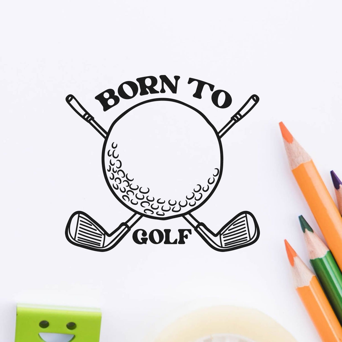 Born to Golf rubber stamp design with golf ball and crossed clubs, perfect for custom sports crafts and stationery.