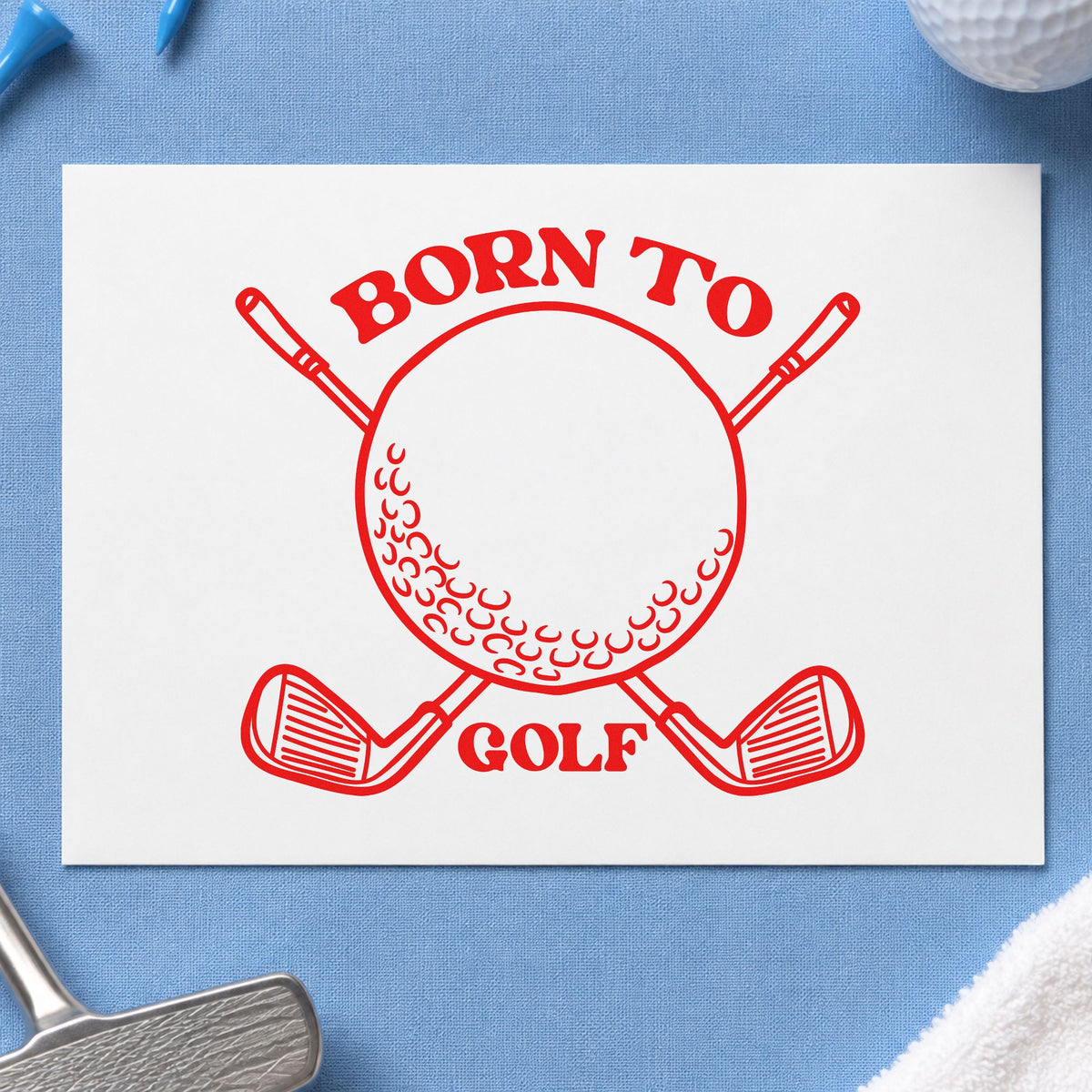 Born To Golf Clubs rubber stamp shown in red ink, stamped for projects such as locker member labels.