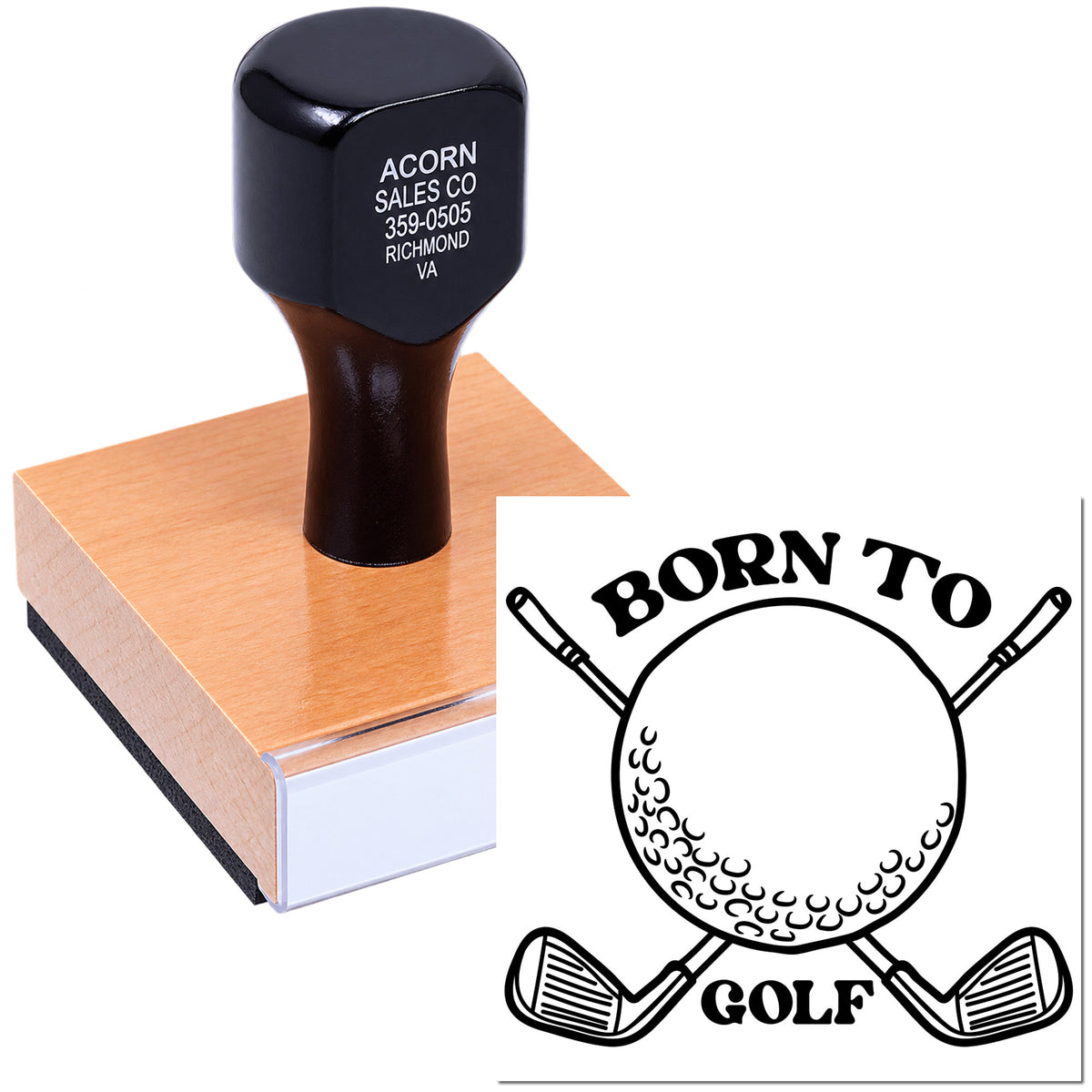 Custom rubber stamp featuring a Born to Golf design with golf ball and clubs for sports-themed impressions.