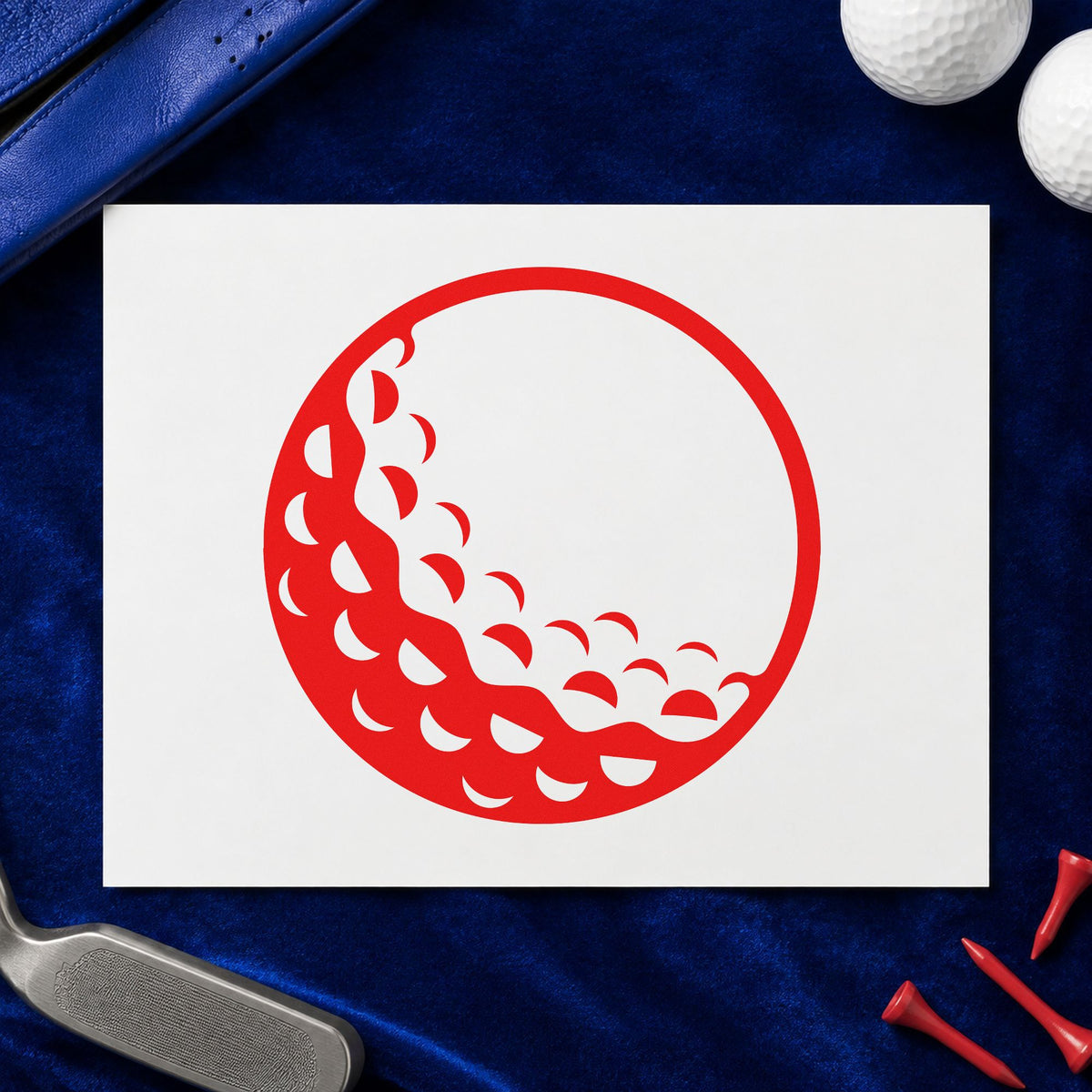 Large Shaded Golf Ball craft stamp imprint in red ink on a handmade project, one idea being hole rule cards.