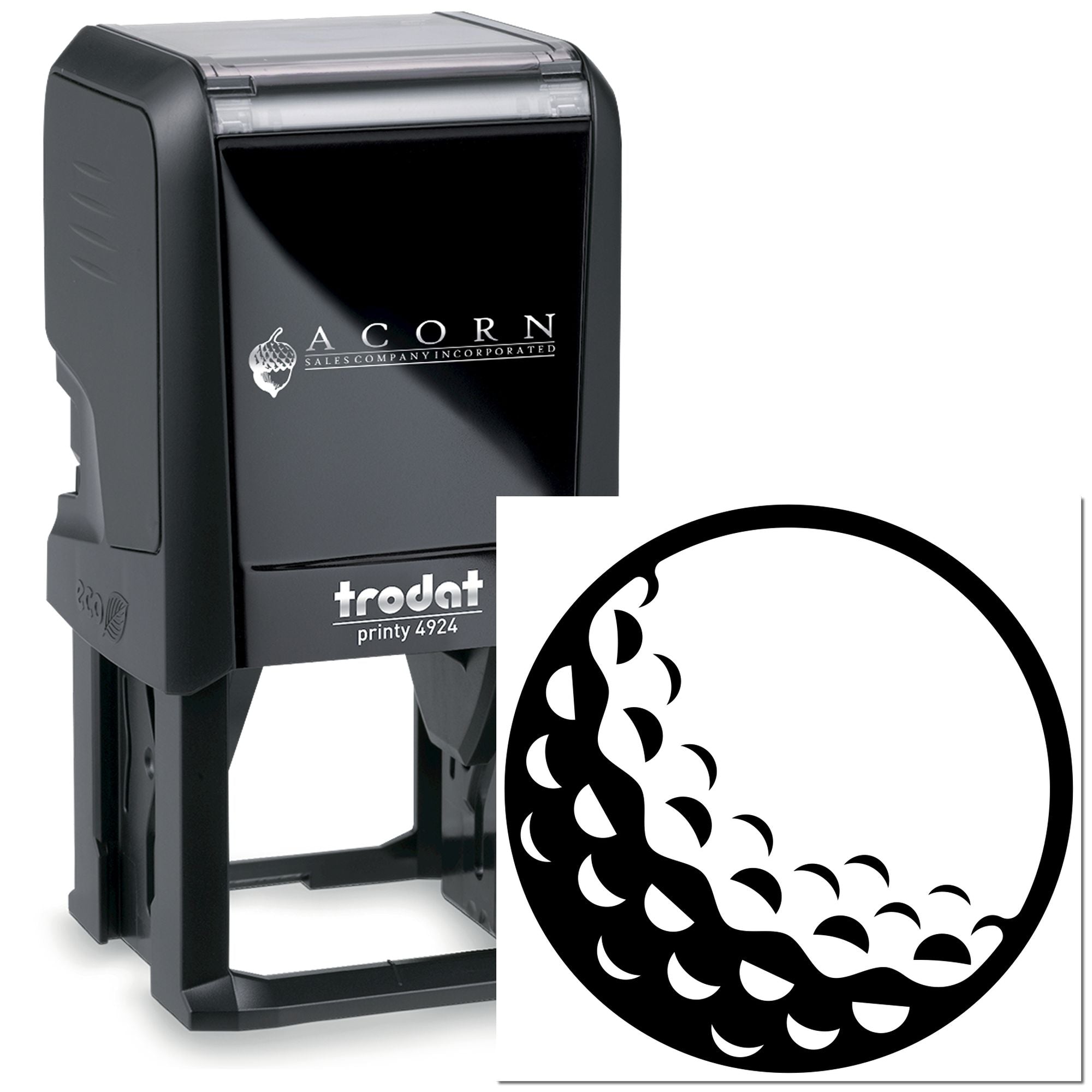 Trodat Printy 4924 self-inking rubber stamp with custom Acorn Sales Company logo and circular decorative design