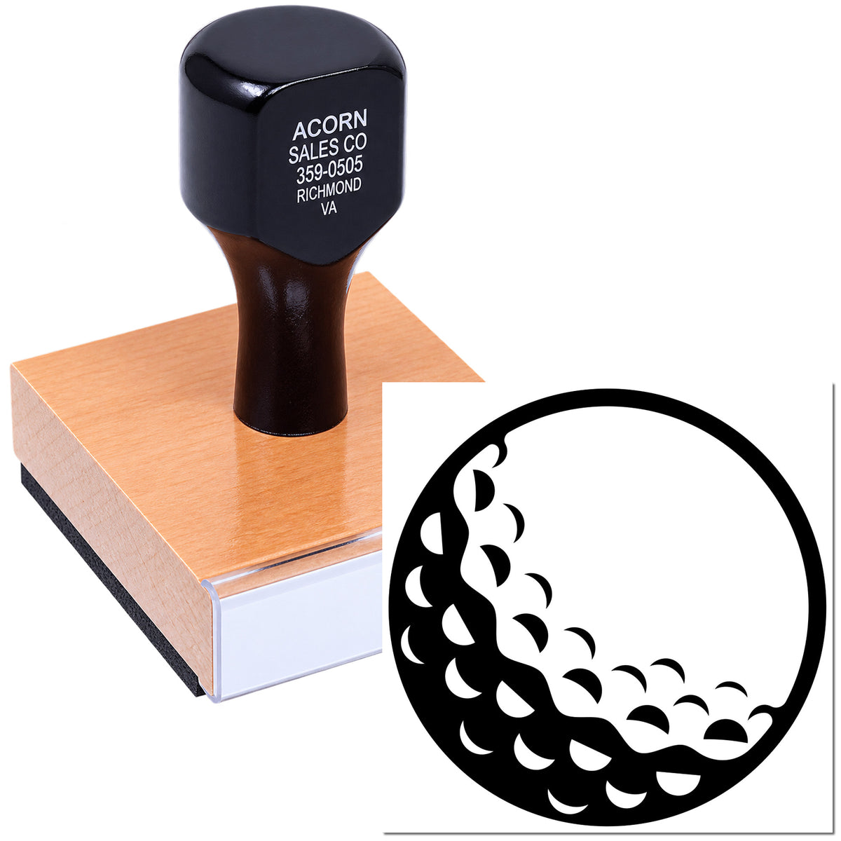 Custom business logo rubber stamp with wood base, ideal for branding envelopes, packaging, and stationery.
