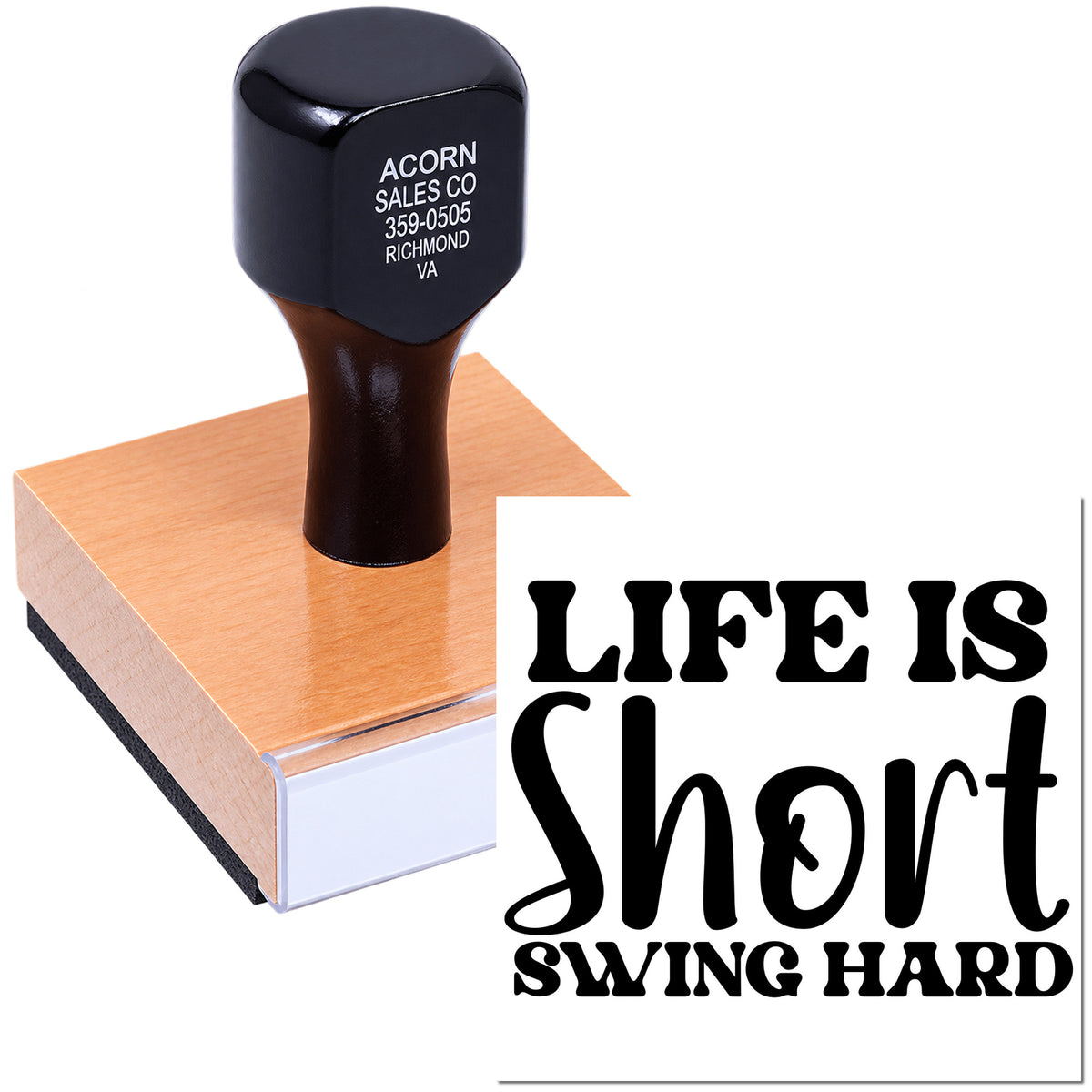 Custom rubber stamp with Life Is Short Swing Hard design for golf-themed projects, packaging, and personalized stamping.