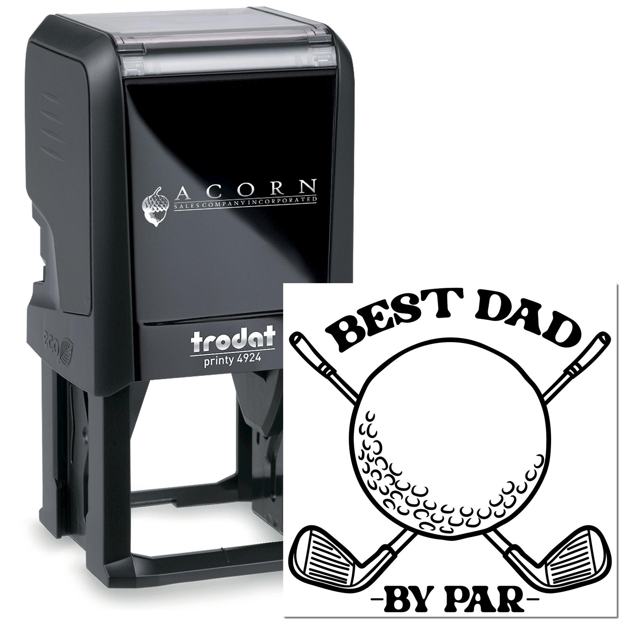 Custom self-inking Trodat Printy 4924 rubber stamp with golf Best Dad by Par design for personalized gifts.