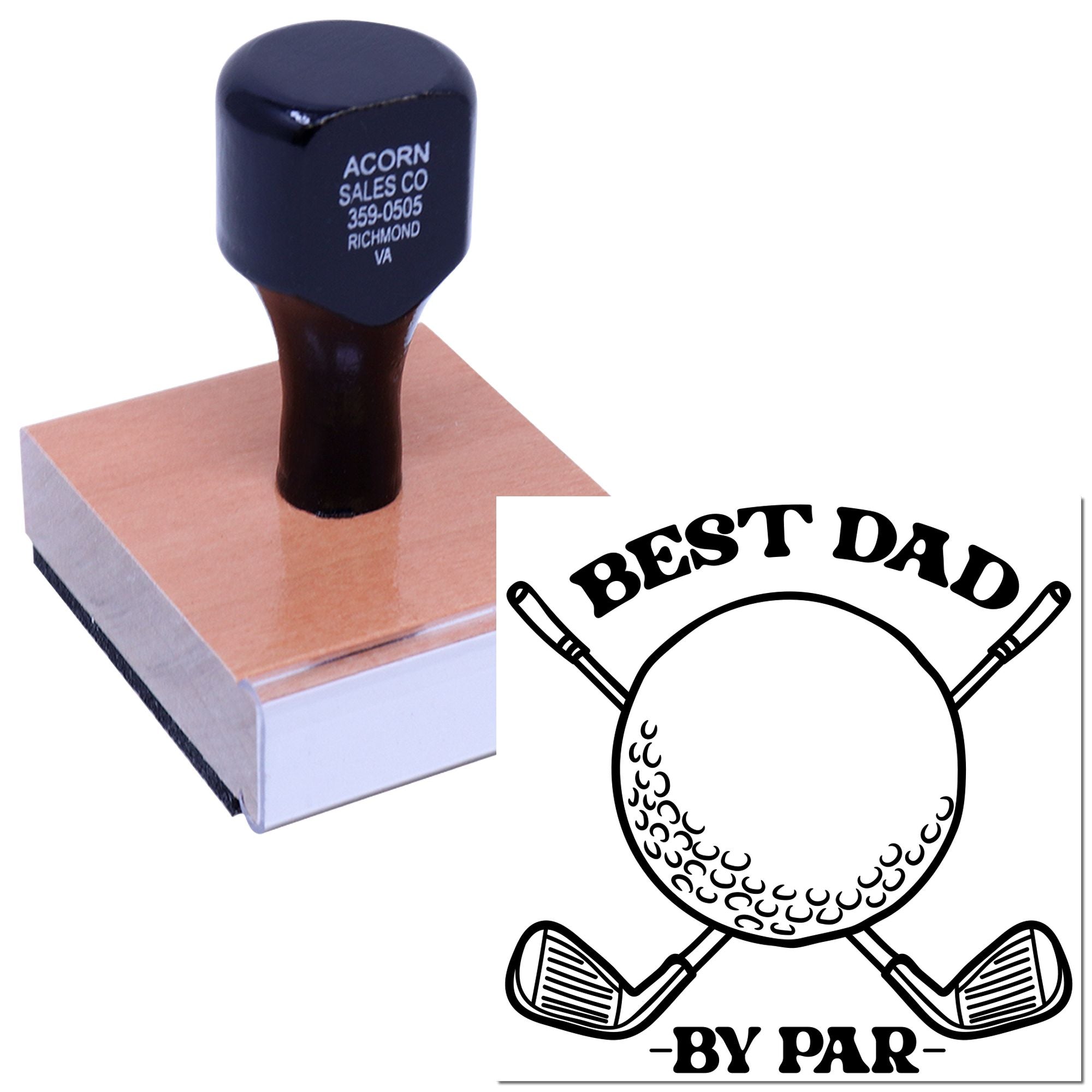 Custom golf-themed Best Dad rubber stamp with wooden handle for personalized Fathers Day cards and branding.