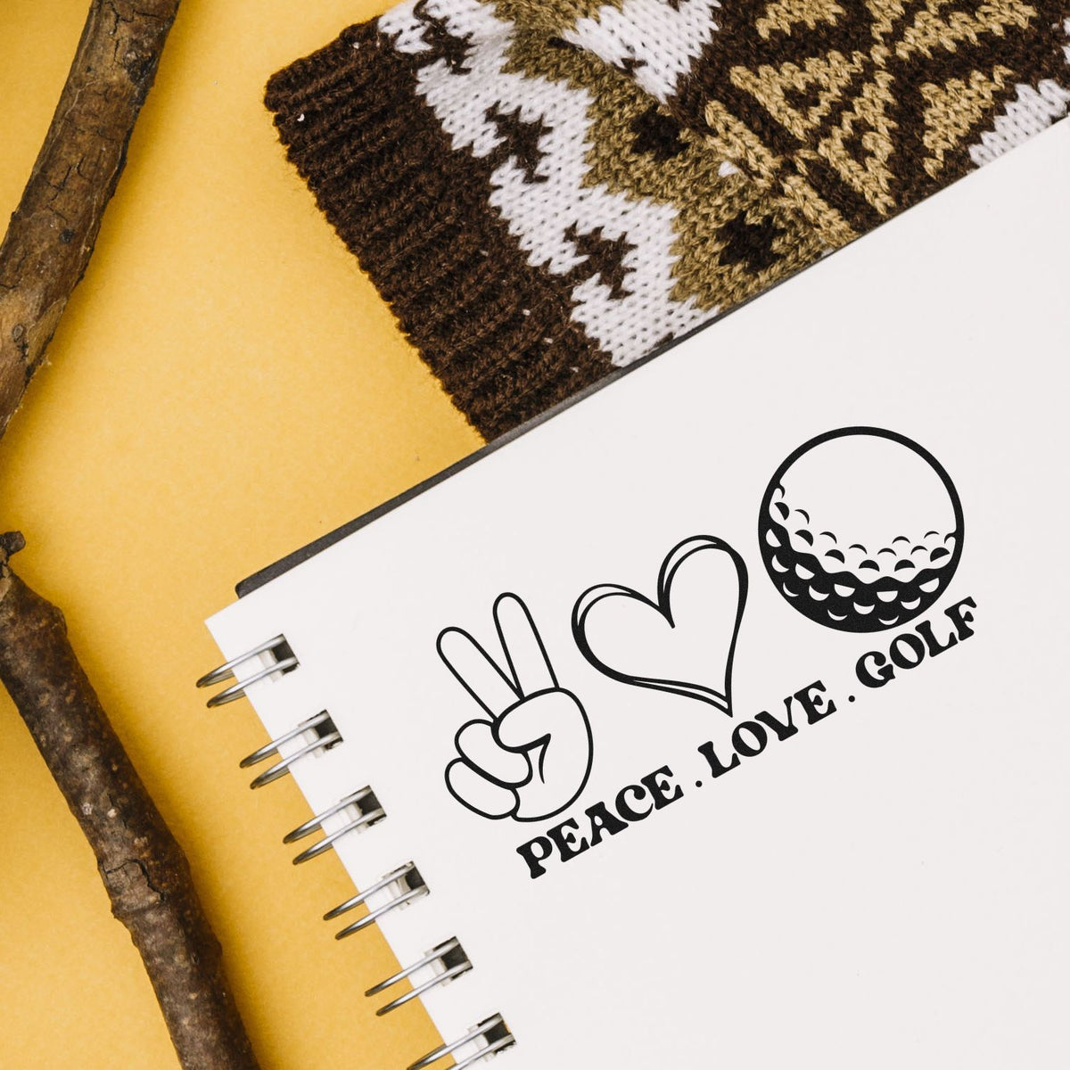 Peace Love Golf Icons With Hearts Stamp – Slim Pre-Inked imprint stamped in blue ink. A peace-sign hand, outlined heart, and golf ball appear above PEACE. LOVE. GOLF.