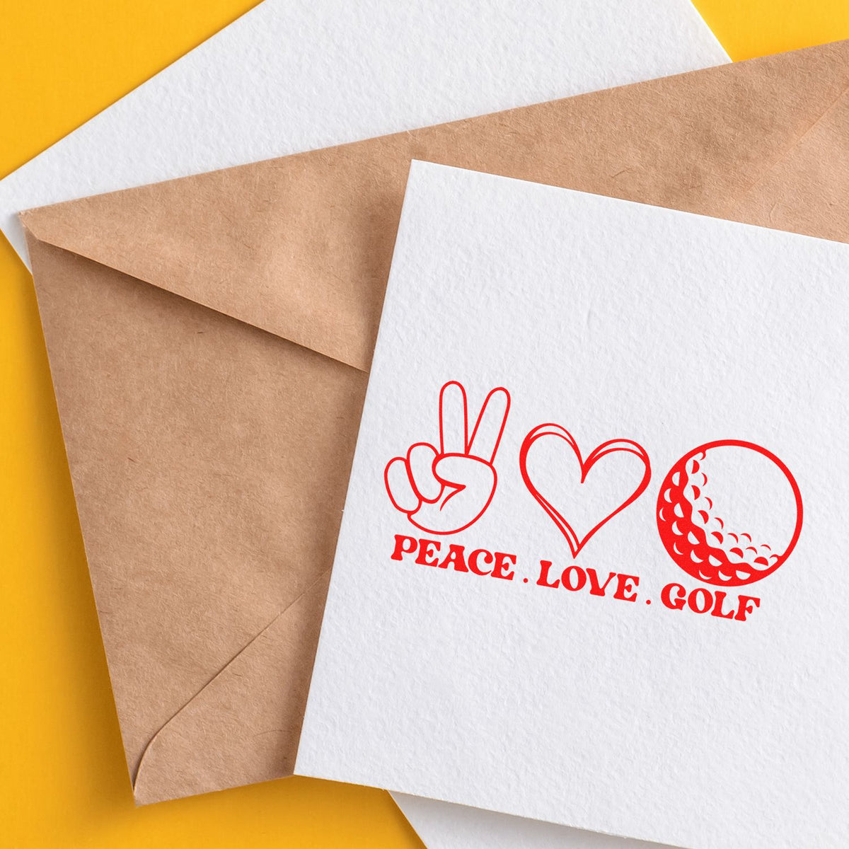 Peace Love Golf Icons rubber stamp shown in red ink, stamped for projects such as scramble album page.