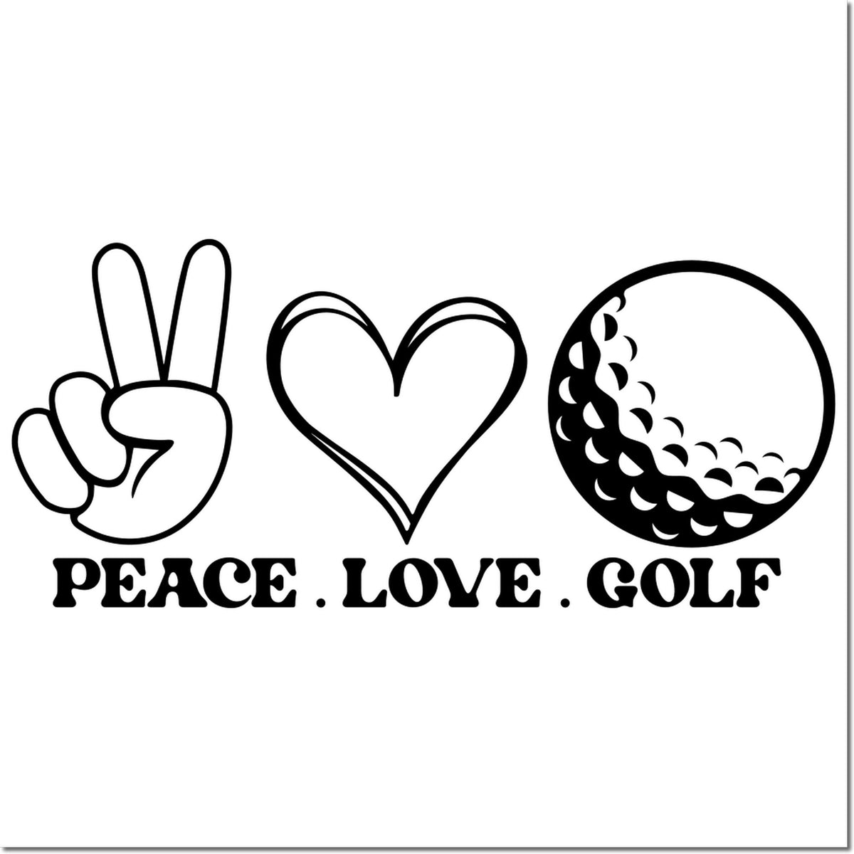 Peace Love Golf rubber stamp design featuring peace sign, heart, and golf ball for golf-themed crafts and gifts.