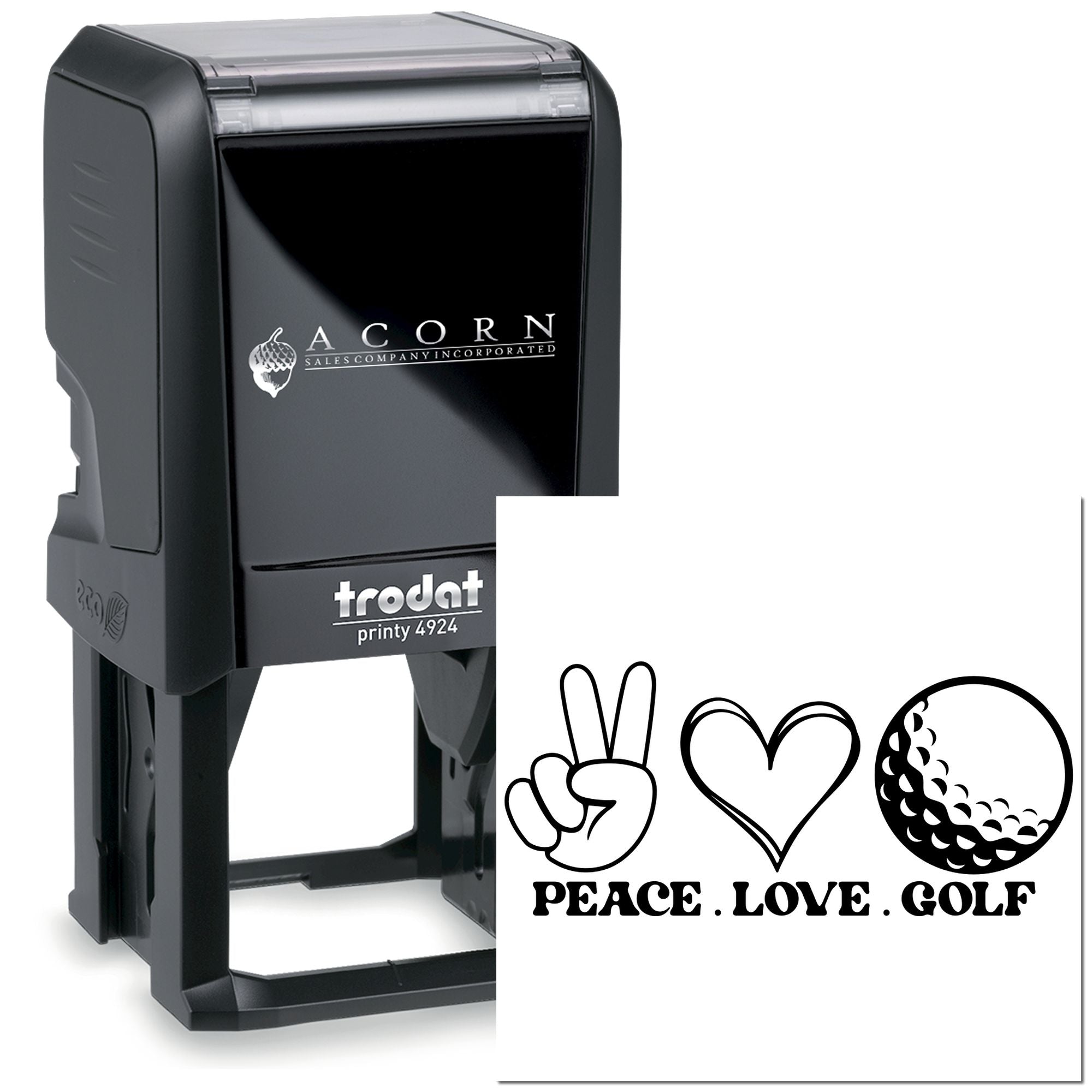 Custom Trodat Printy 4924 self-inking rubber stamp with Peace Love Golf design for personalized golf-themed stamping.