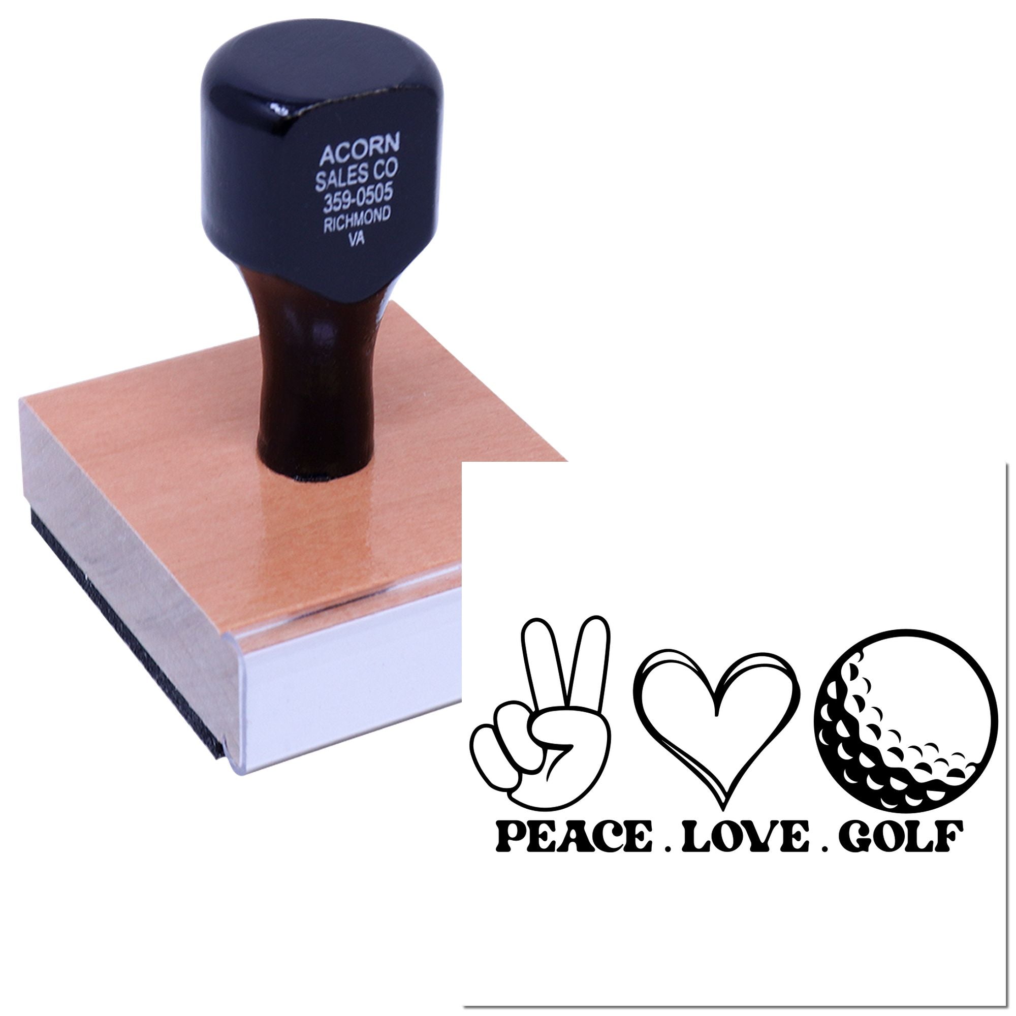 Custom rubber stamp with wooden base and personalized logo imprint for business branding and golf-themed designs.