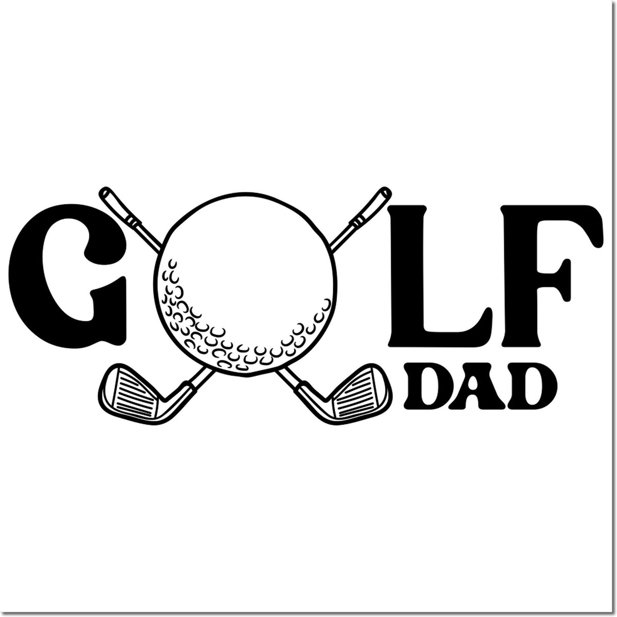 Golf Dad rubber stamp design with crossed golf clubs and golf ball, perfect for Fathers Day cards and golf gifts.