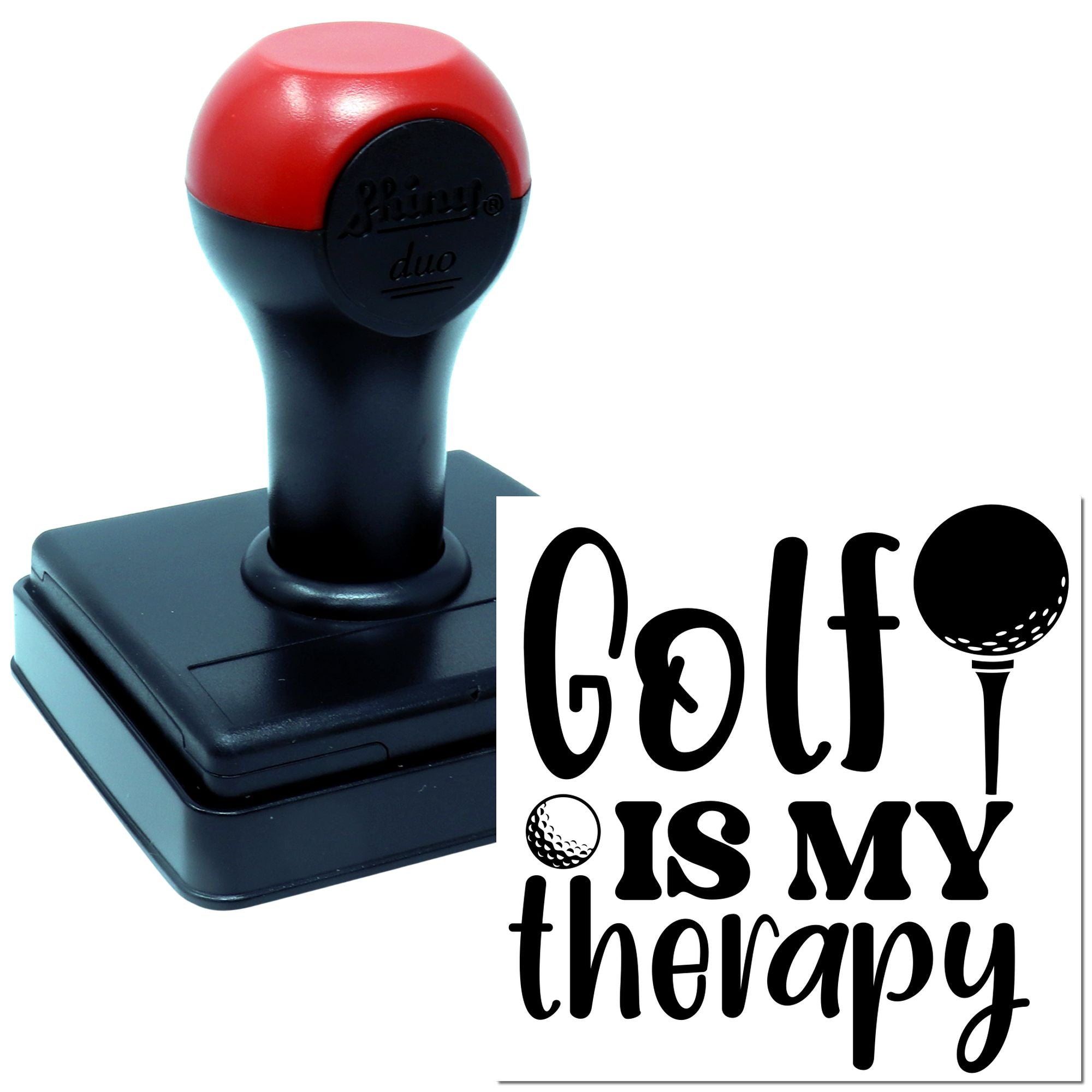 Self-inking golf rubber stamp with Golf is my therapy design, ideal for golf gifts, crafting, and custom stationery.