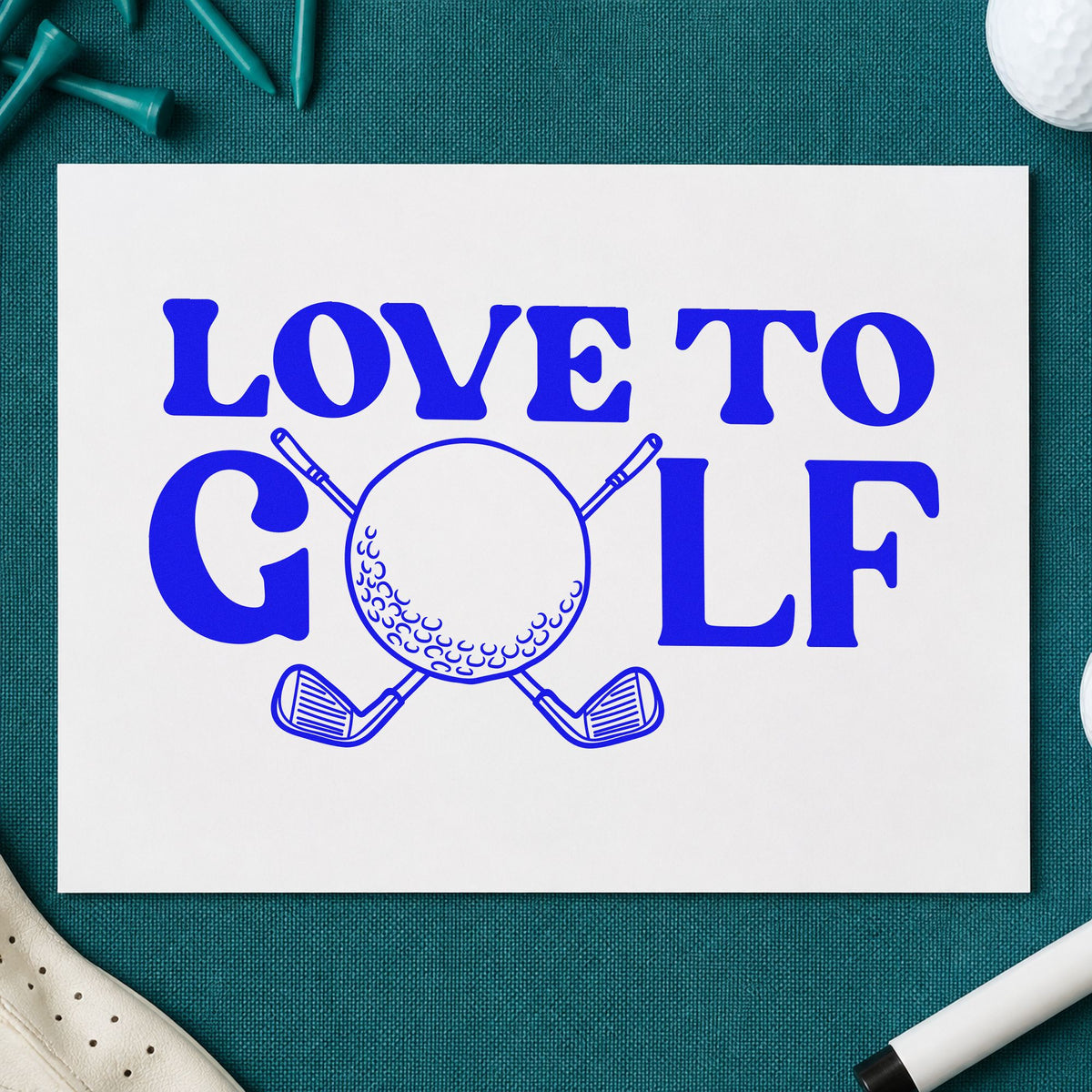 Love To Golf Clubs craft stamp imprinted in blue ink on paper, a design suited to framed hall corner.