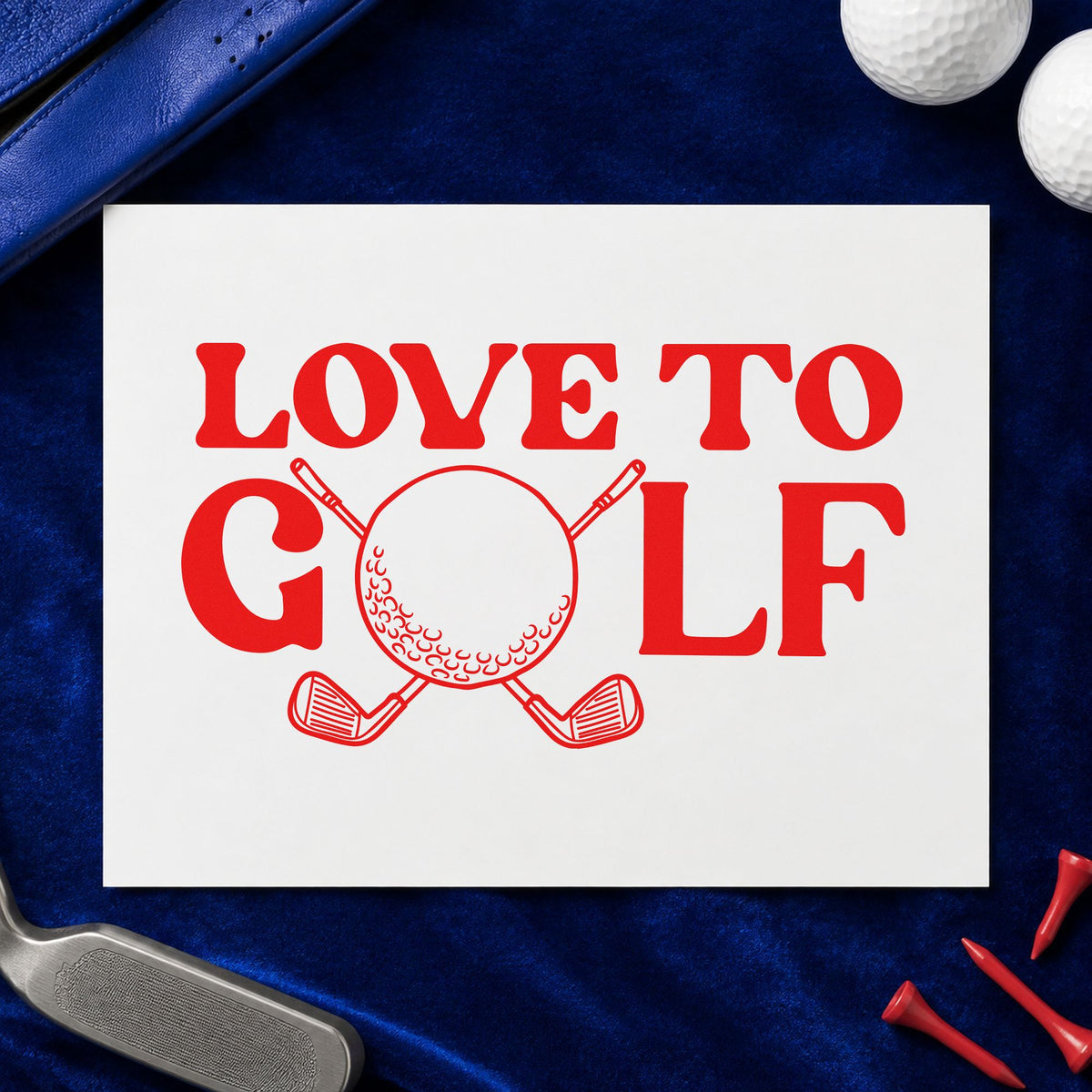 Love To Golf Clubs craft stamp imprint in red ink on a handmade project, one idea being match log cards.