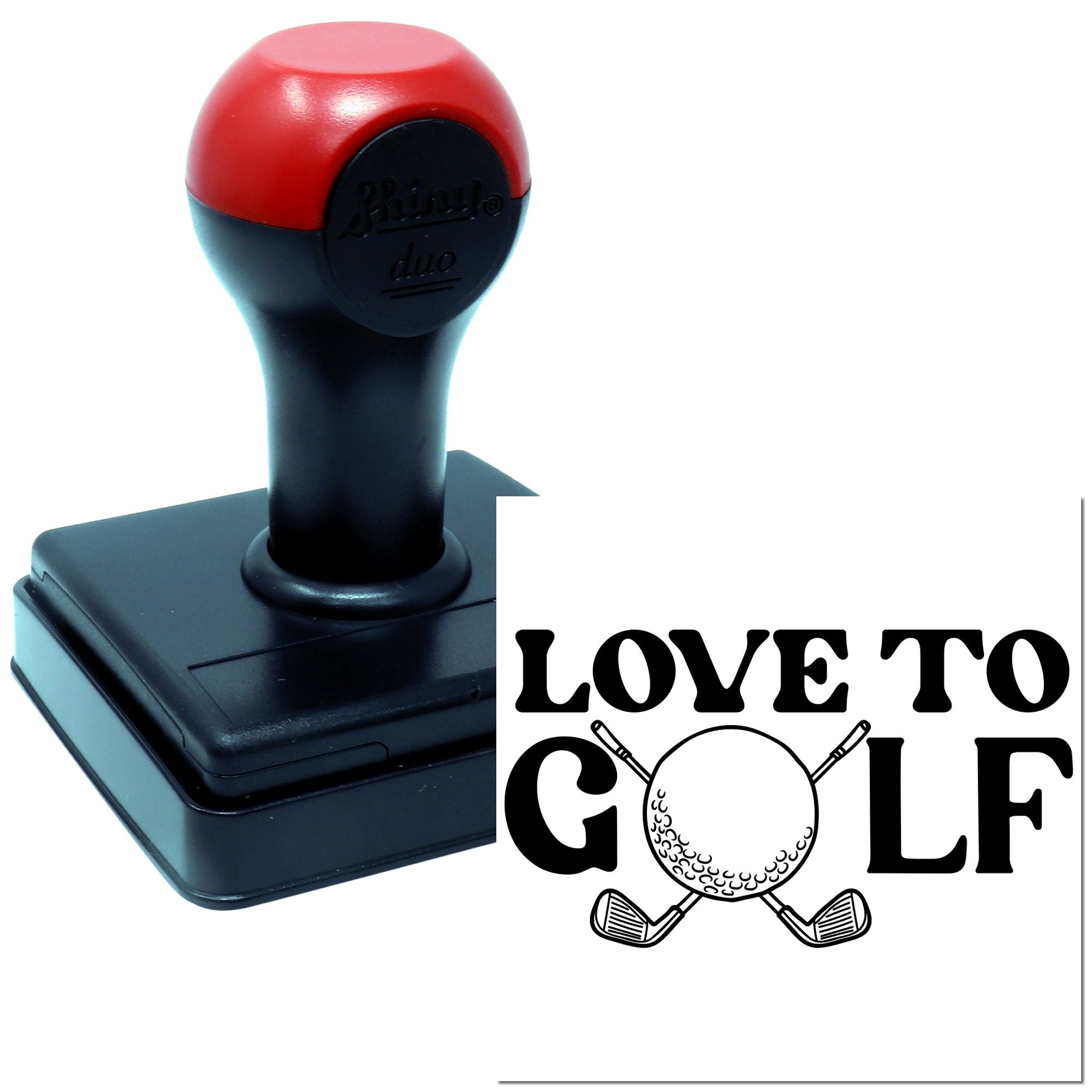 Self-inking Love to Golf rubber stamp with golf ball and clubs for personalized golf-themed crafting.