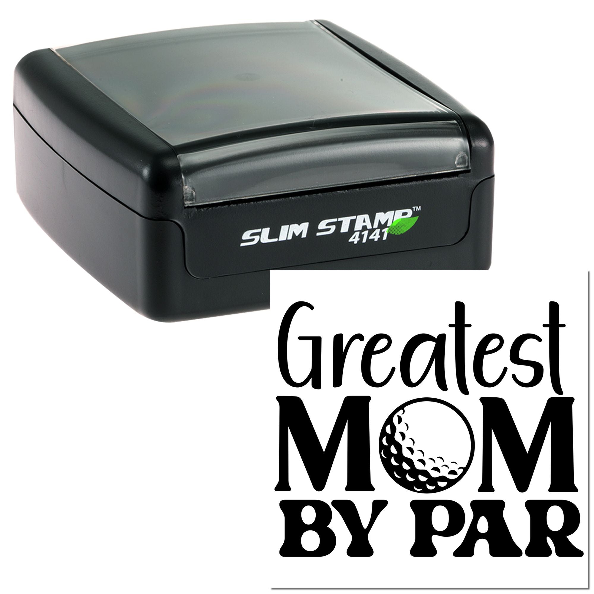Slim Stamp 4141 self-inking rubber stamp featuring a custom Greatest Mom by Far design for personalized Mothers Day gifts.