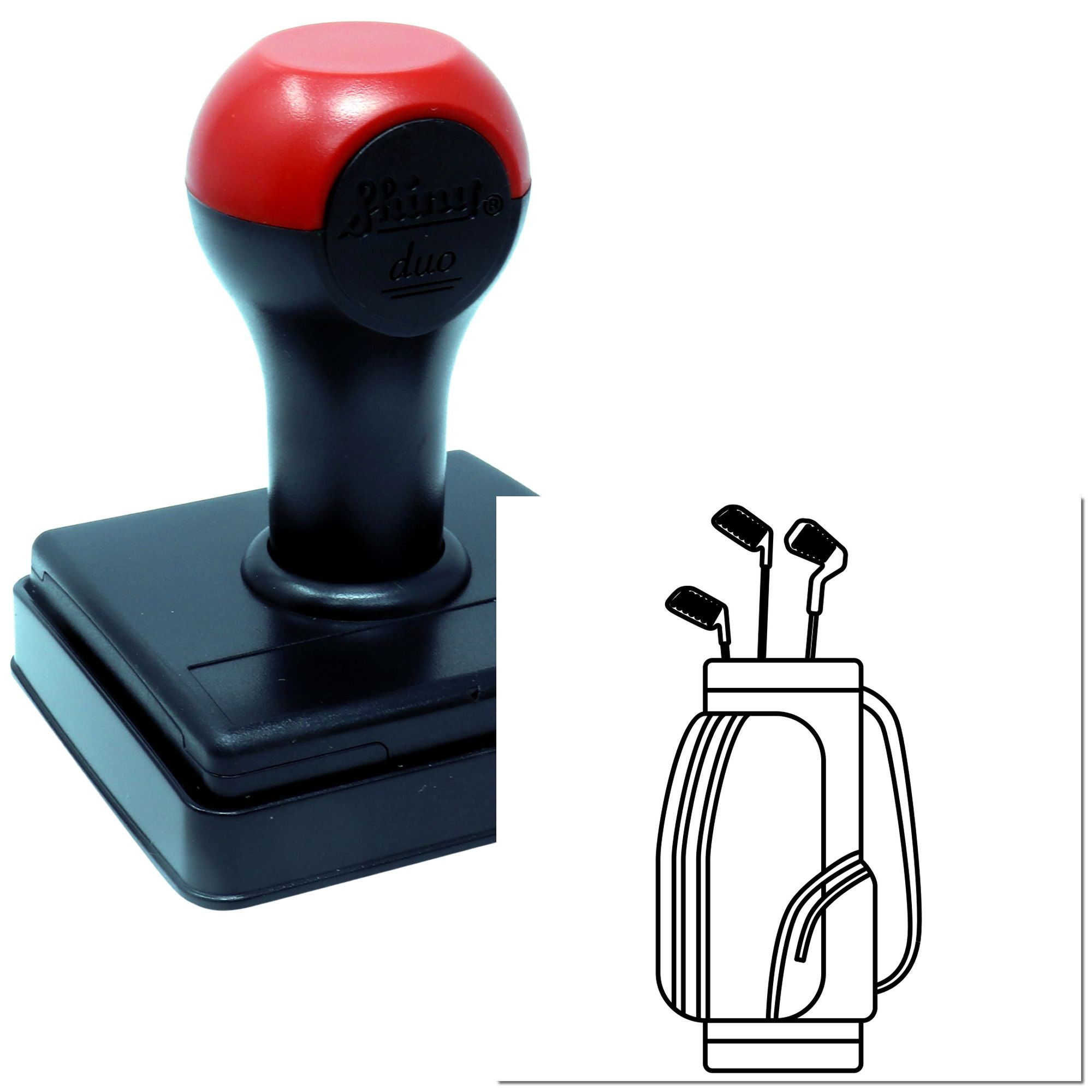 Self-inking rubber stamp with golf bag and clubs design for custom impressions.