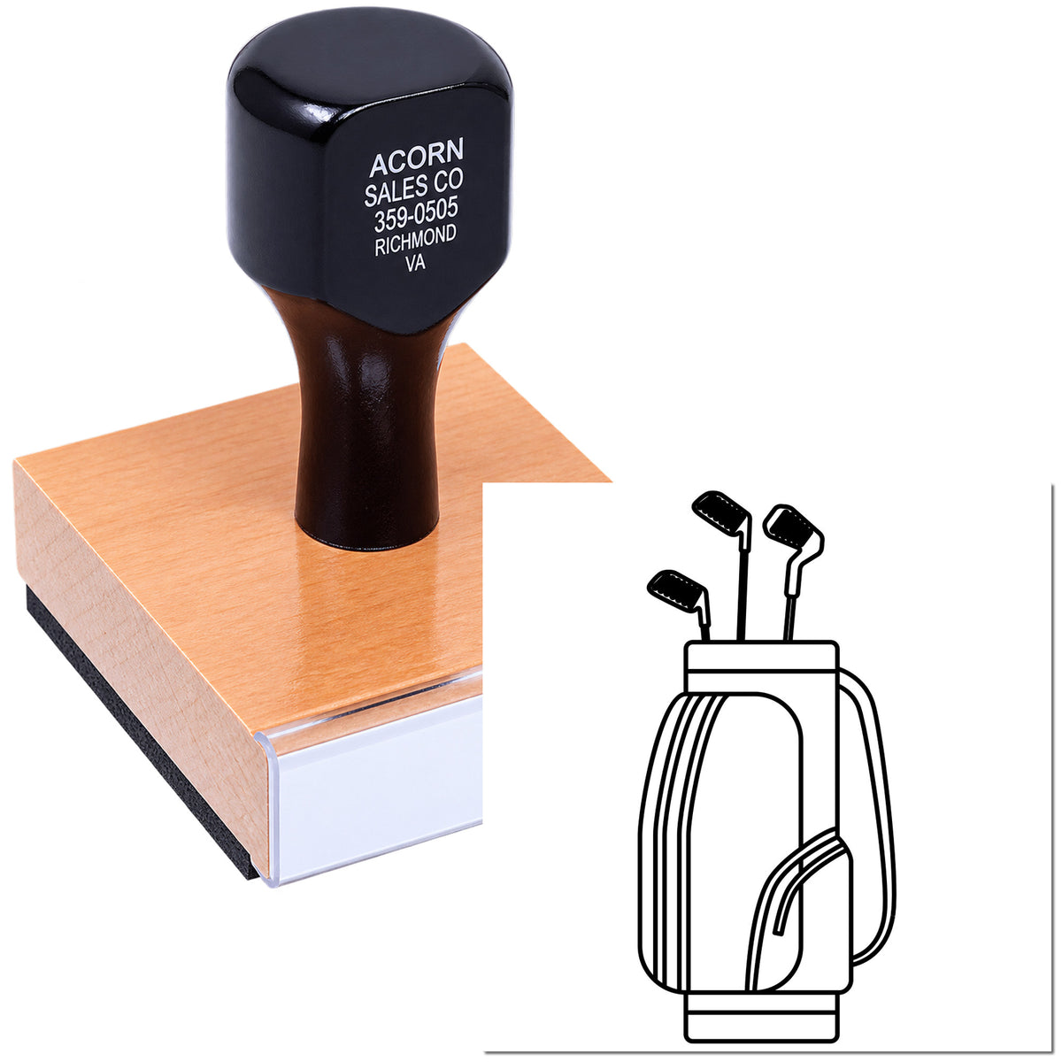 Custom rubber stamp with business logo and contact details, shown on a wooden stamp base with handle style options.