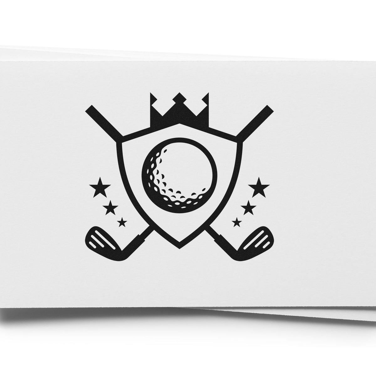 Custom golf rubber stamp logo with crowned shield, golf ball, crossed clubs and stars for sports branding.
