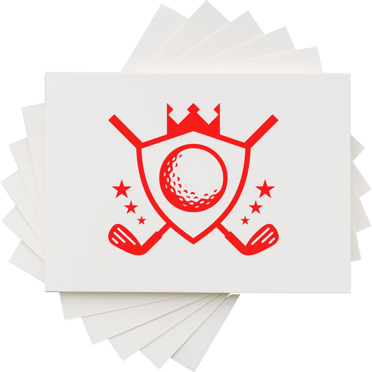 Custom golf rubber stamp design featuring shield, ball and crossed clubs logo on blank cards