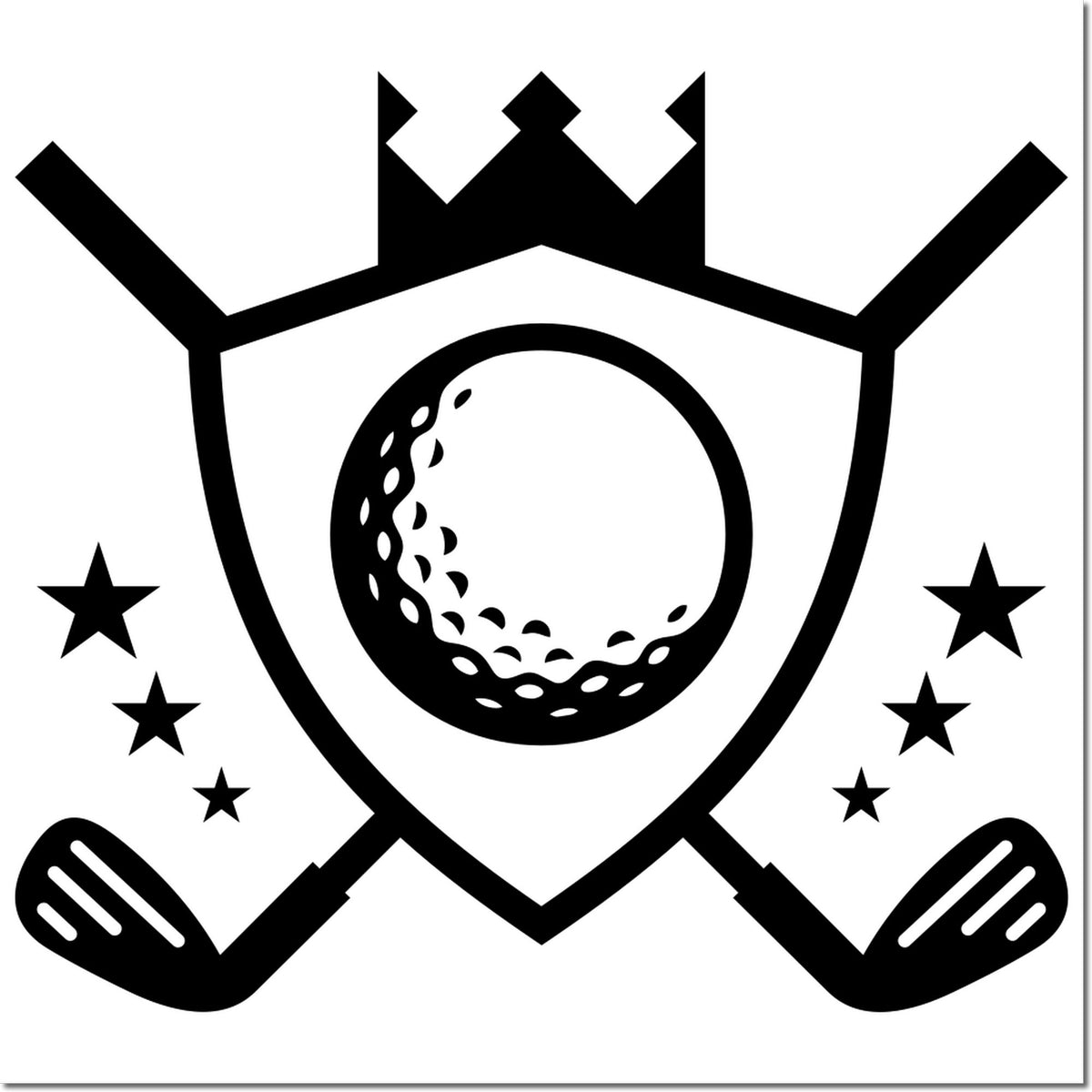 Custom sports crest rubber stamp with crown, shield, stars, golf ball, and crossed clubs for team or award branding.
