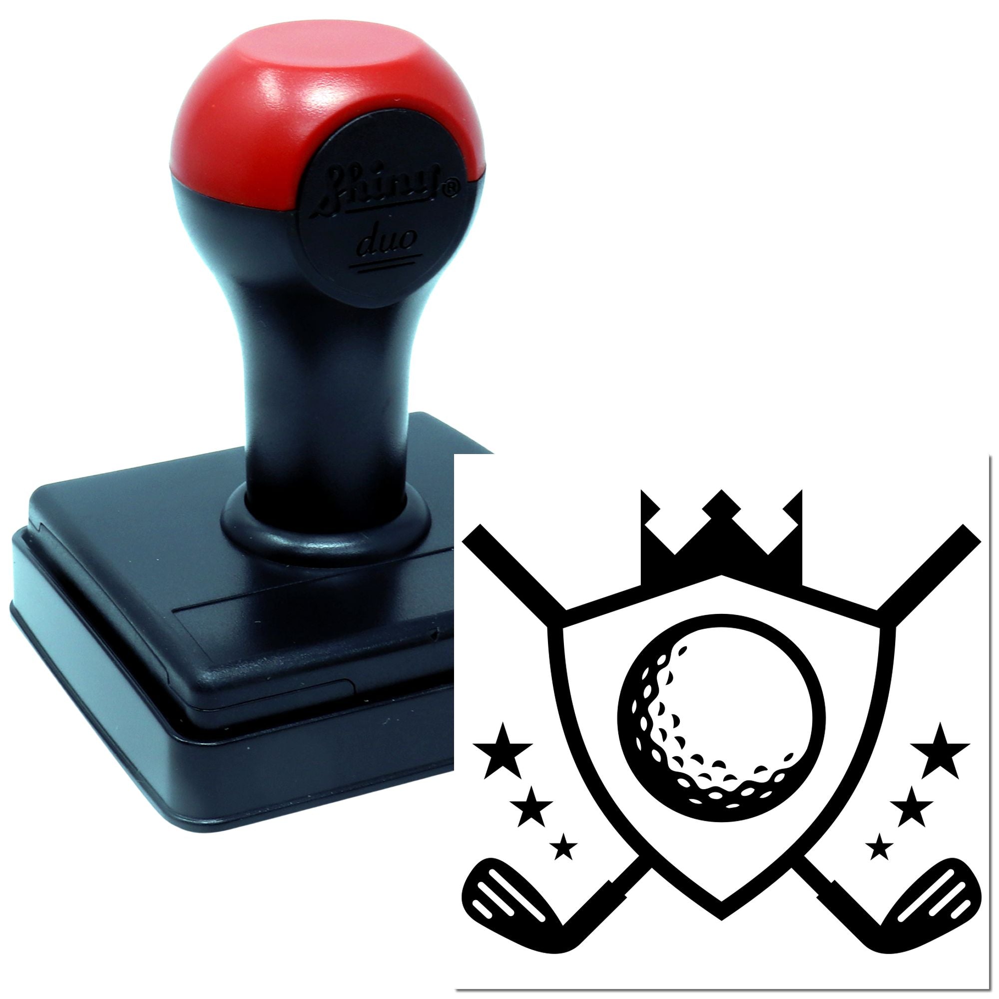 Custom self-inking rubber stamp with golf club and ball logo, ideal for personalized golf club branding and marking.