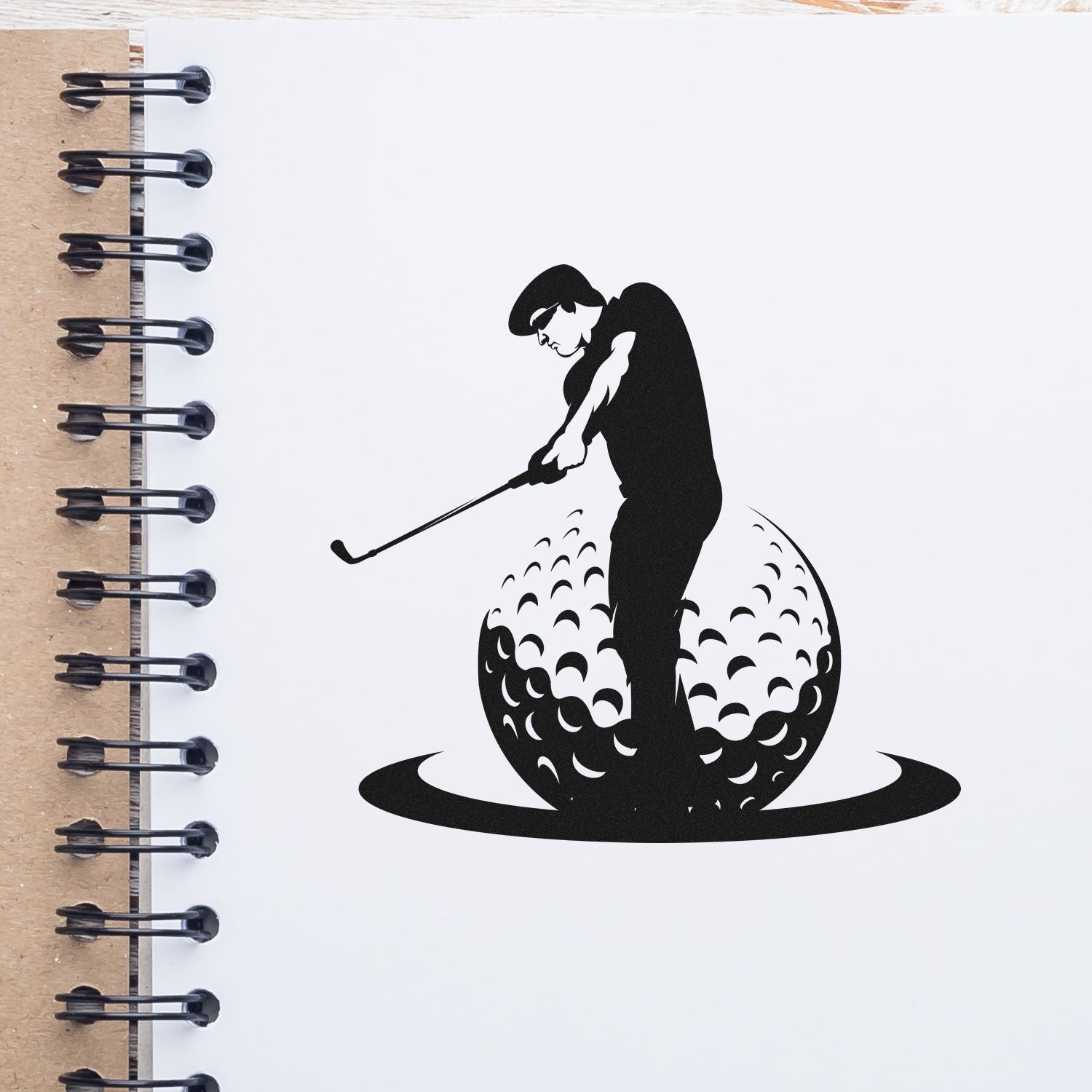 Golf rubber stamp design with golfer swinging on a golf ball, ideal for custom sports-themed stamping.