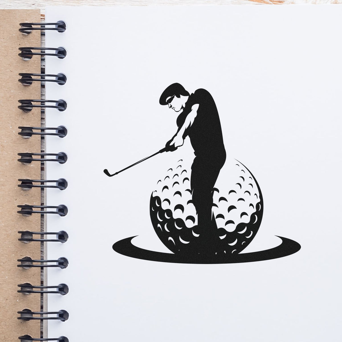 Golf golfer silhouette rubber stamp design, featuring a player standing on a golf ball for custom sports branding.