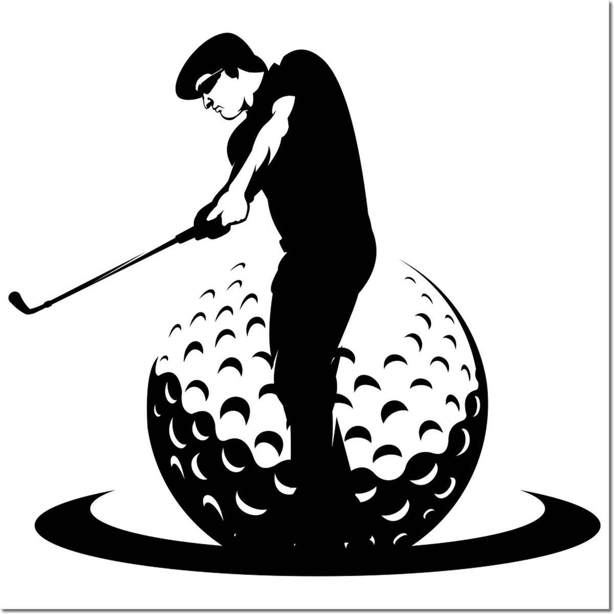 Golf golfer silhouette rubber stamp design featuring a player standing on a golf ball and holding a club.