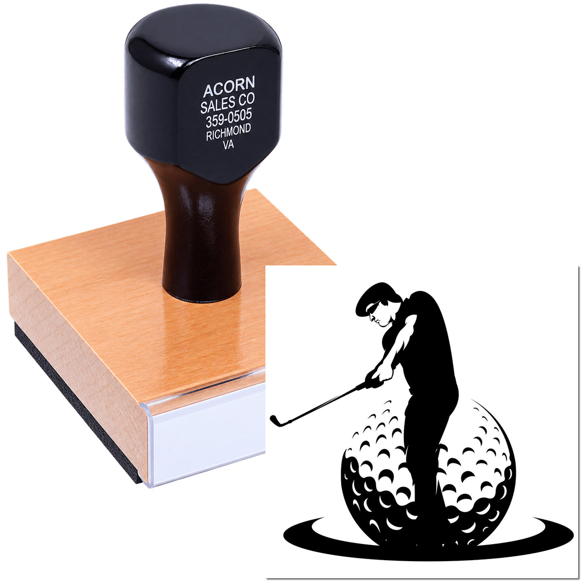 Custom golf rubber stamp with golfer logo, ideal for business branding, stationery, and personalized imprinting.