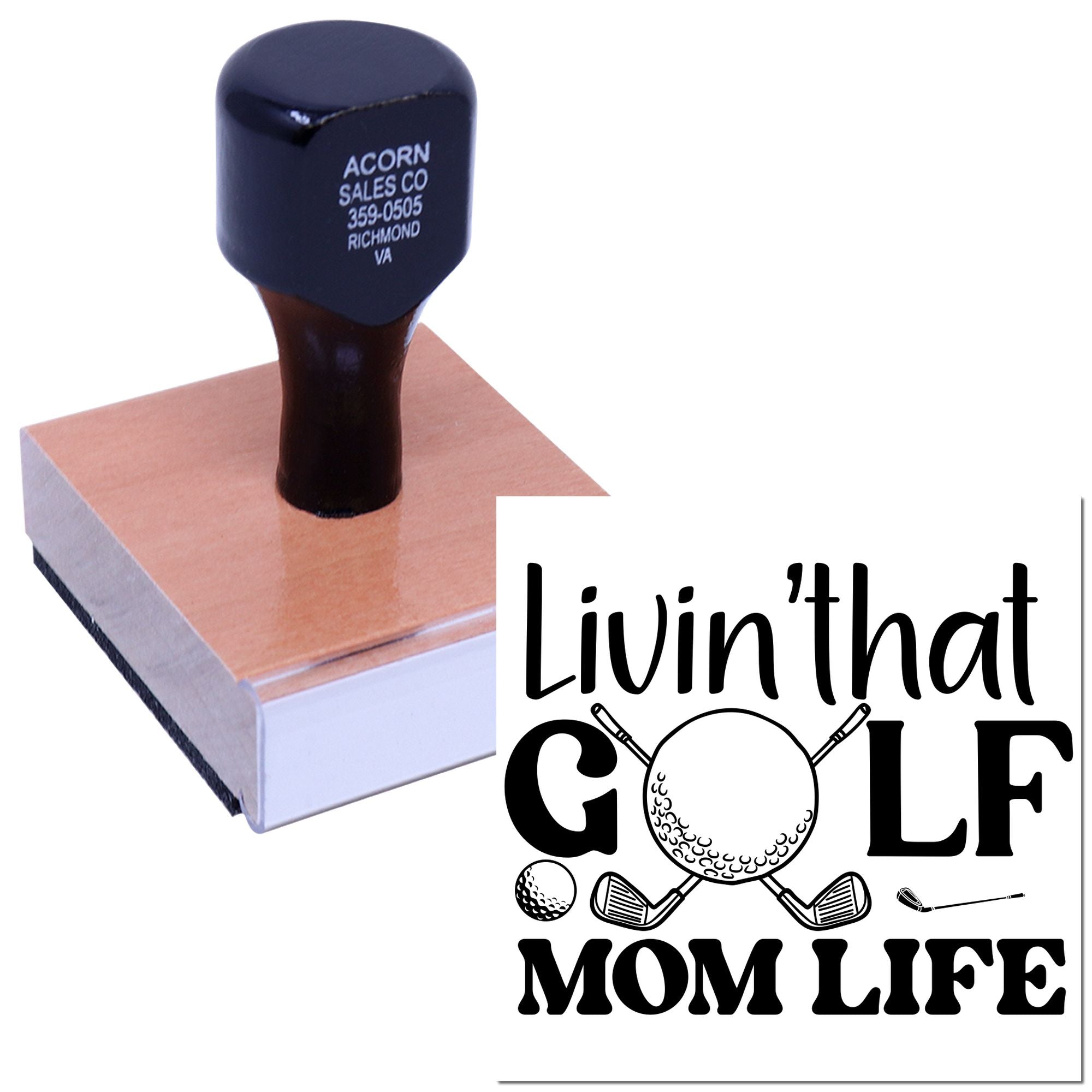 Custom self-inking rubber stamp with personalized return address and golf mom design for stationery, crafts, and branding.