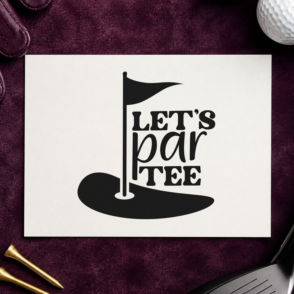 Let's Par Tee craft stamp imprint in black ink on a handmade project, one idea being favor bag gift tags.