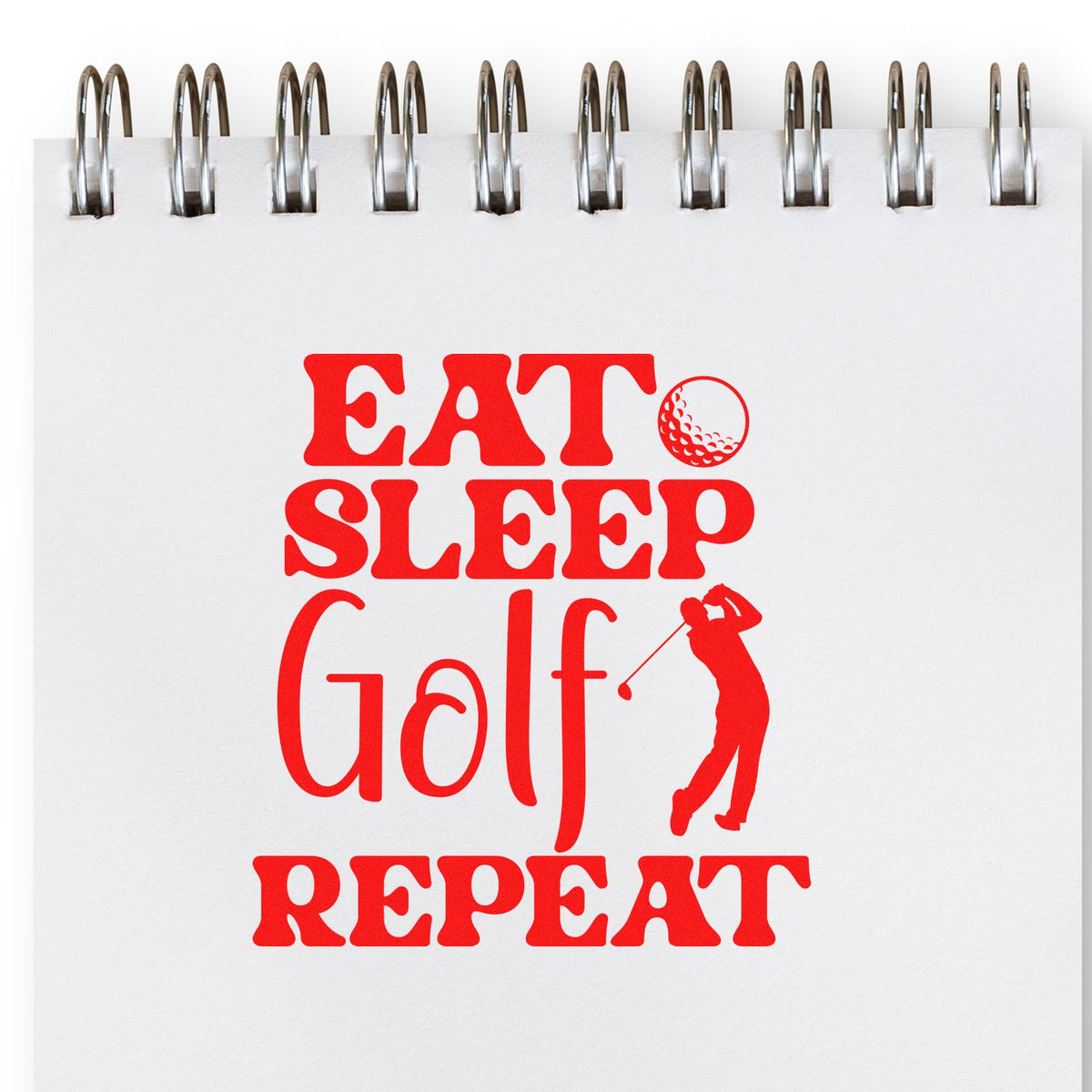 Eat Sleep Golf Repeat rubber stamp design with golfer silhouette, perfect for golf lovers and custom stamping.