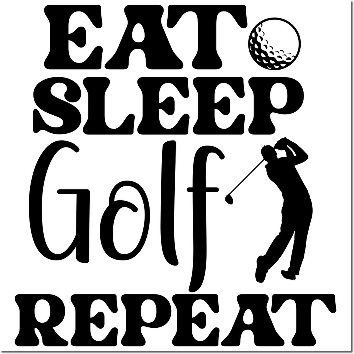 Eat Sleep Golf Repeat rubber stamp design with golfer silhouette and golf ball icon for golf lovers.