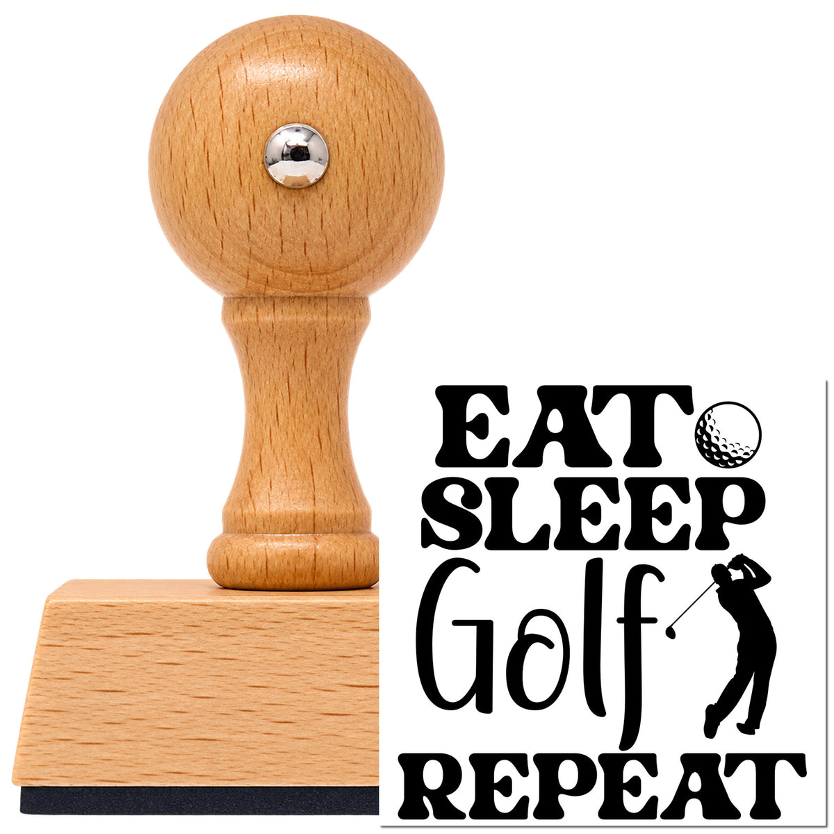 Eat Sleep Golf Repeat Golfer Vintage Pro rubber stamp in European beech wood with a round knob handle, shown beside its black imprint.