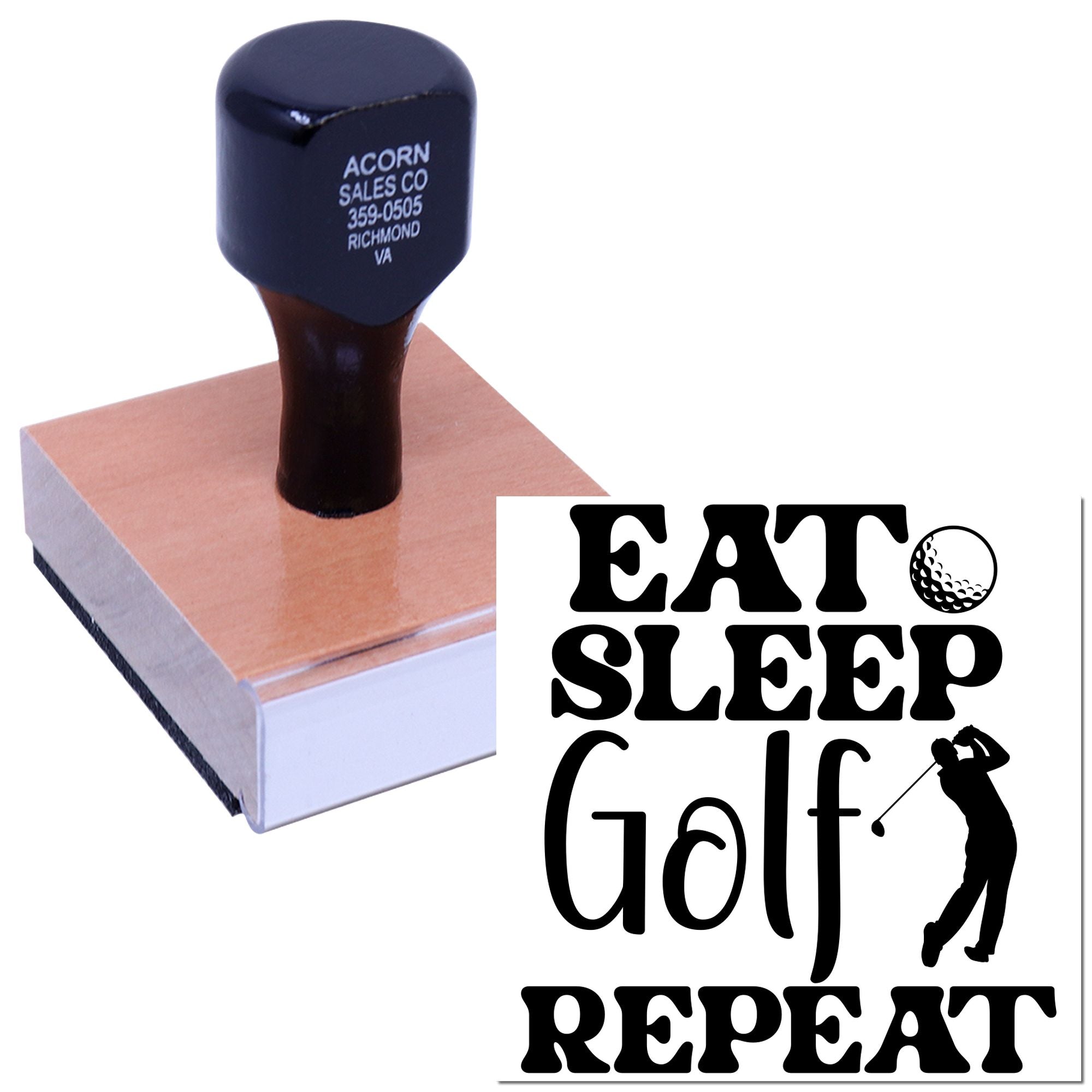 Custom golf rubber stamp with Eat Sleep Golf Repeat design and golfer silhouette for personalized stamping.