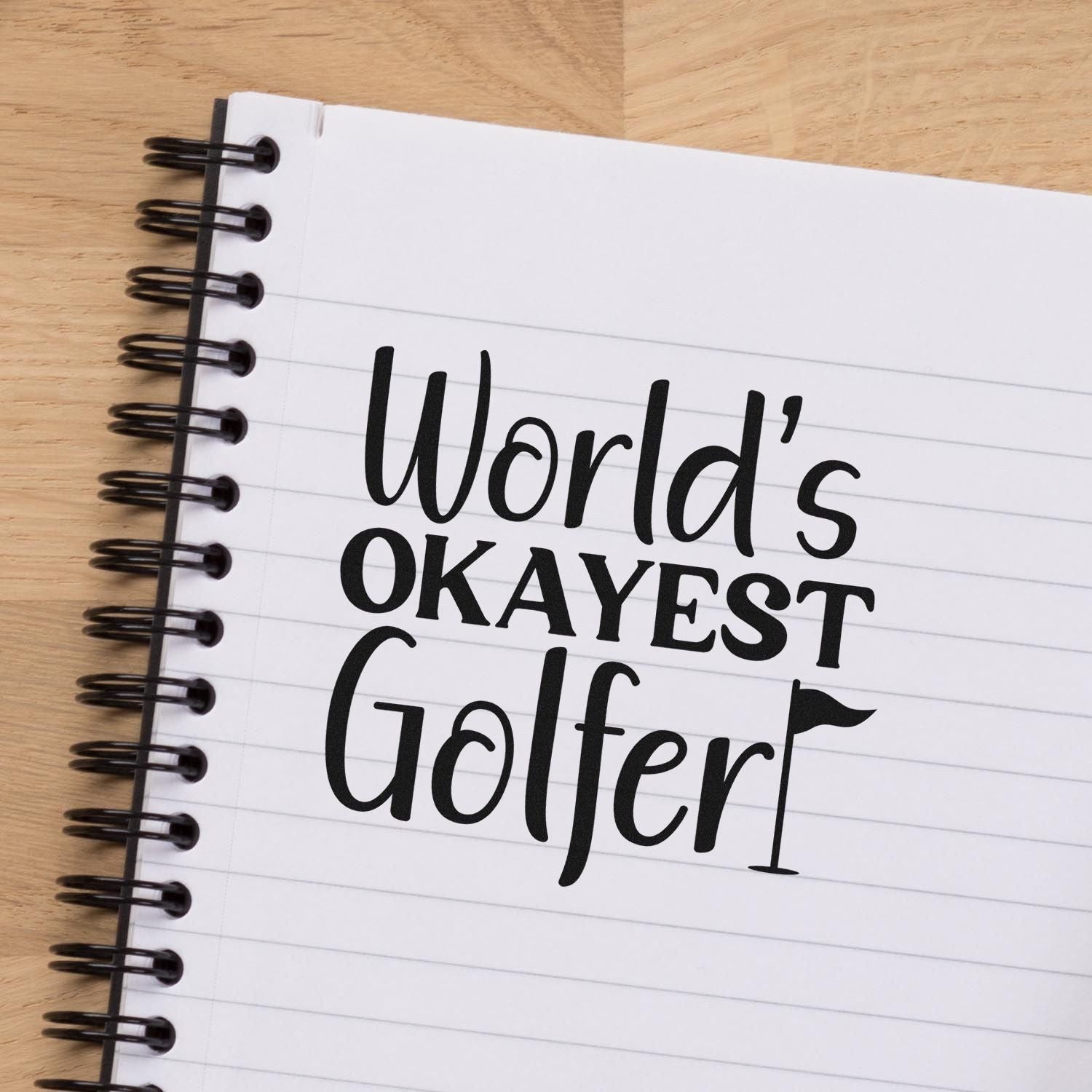 Worlds Okayest Golfer rubber stamp on notebook paper, a fun personalized golf gift or craft design for golfers.