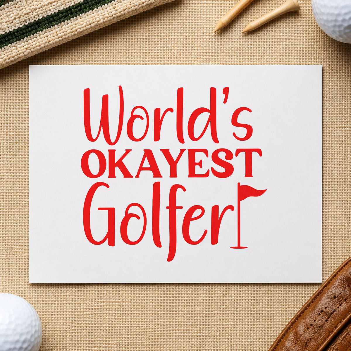 Worlds Okayest Golfer Quote rubber stamp shown in red ink, stamped for projects such as bin ball labels.