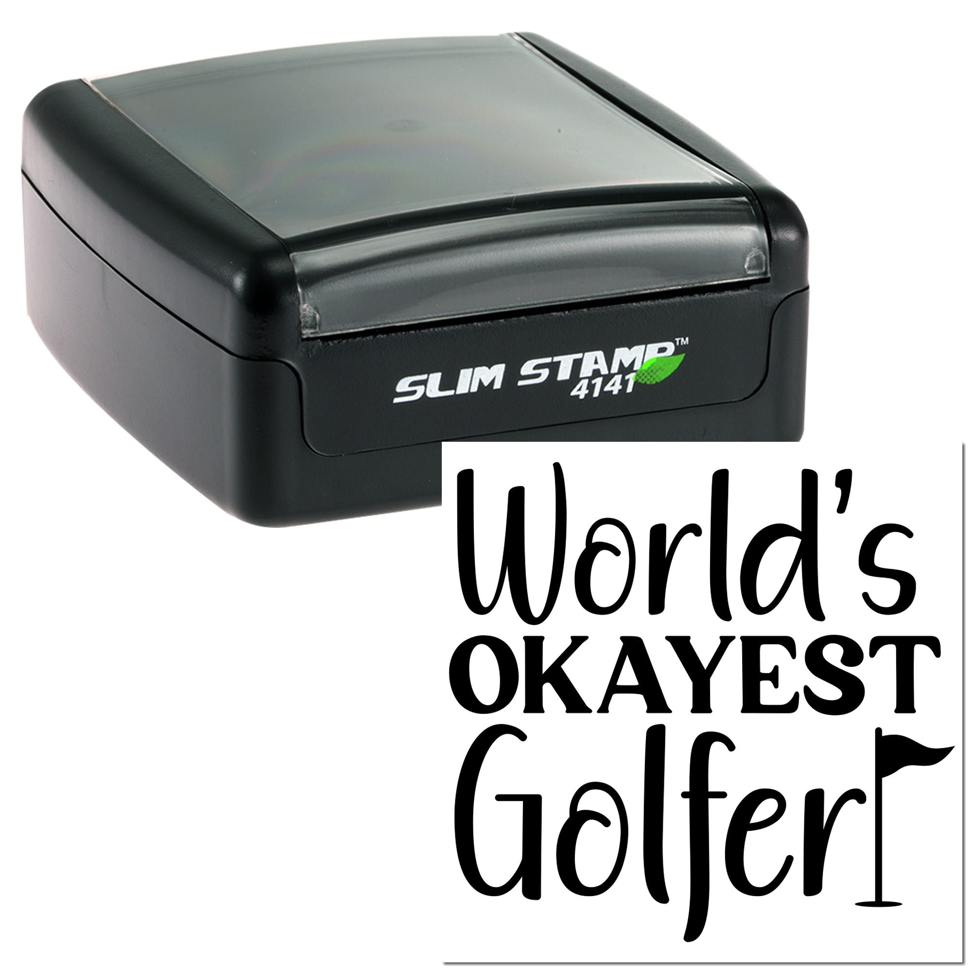 Self-inking rubber stamp with Worlds Okayest Golfer design for personalized golf gifts and custom impressions.