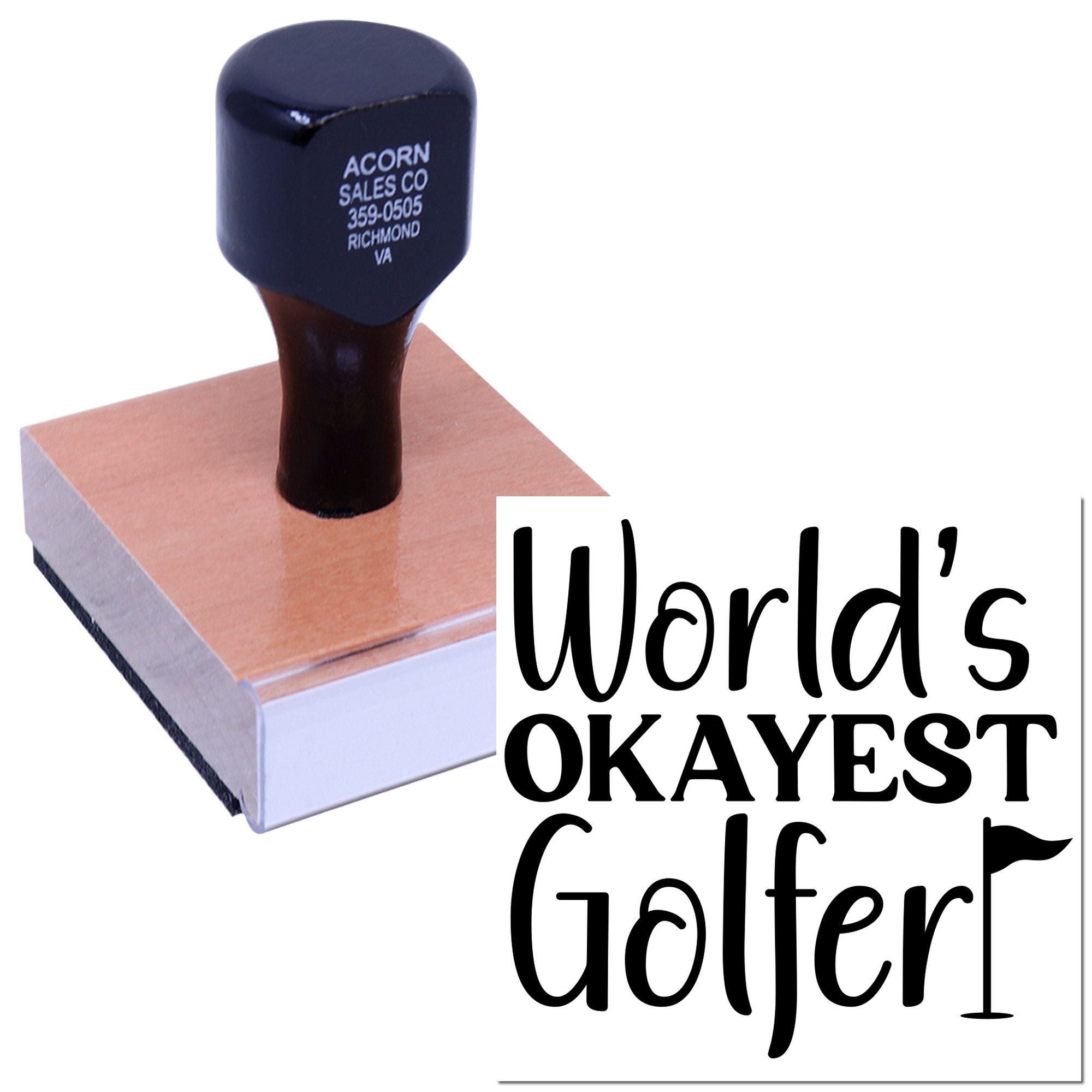 Custom rubber stamp with Worlds Okayest Golfer design for personalized golf gifts, clubs, and stationery.