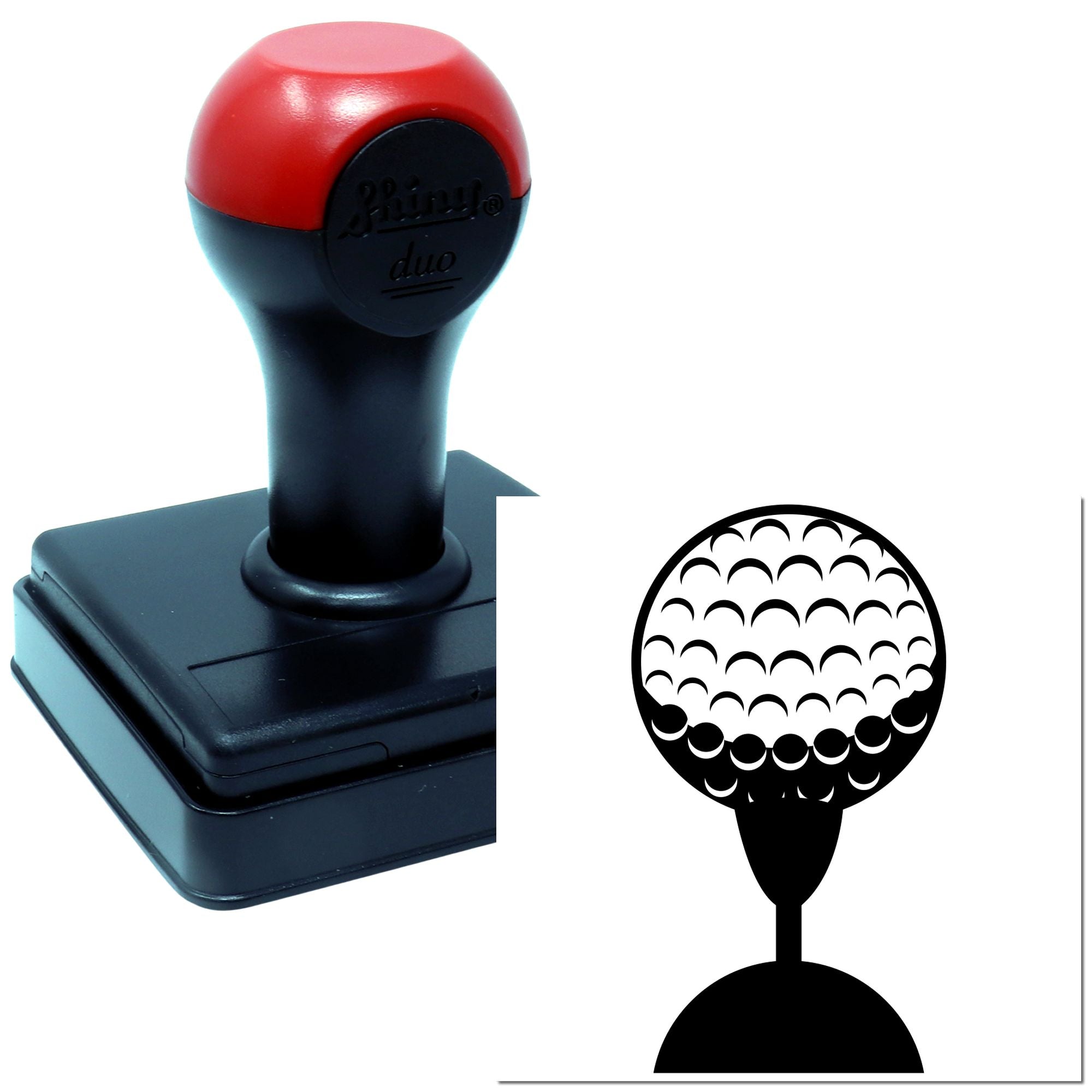 Custom self-inking rubber stamp with golf ball design and matching stamped impression for golf-themed branding.