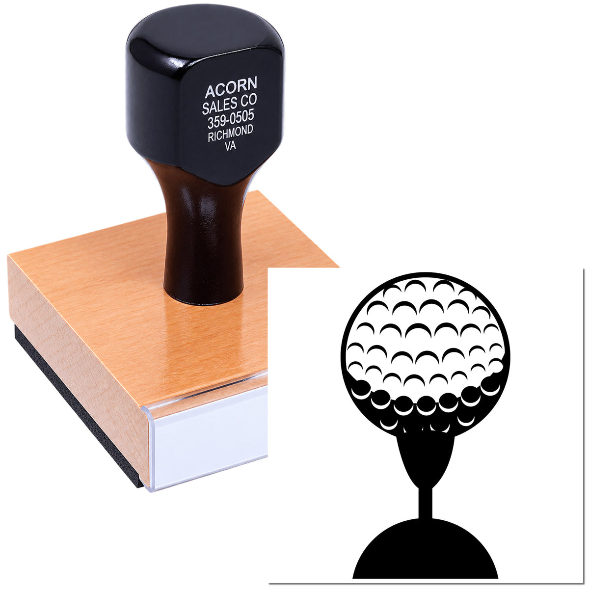 Custom golf ball self-inking rubber stamp with logo design, ideal for personalized business branding and promotional use.