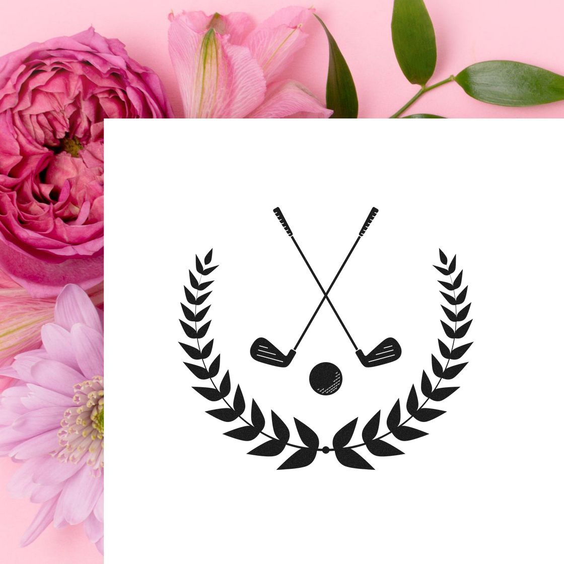 Golf rubber stamp design with crossed clubs, ball and laurel wreath for invitations, awards and golf-themed stationery.