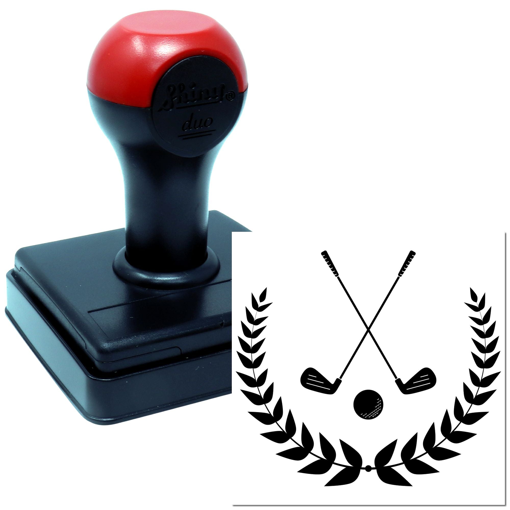 Self-inking rubber stamp showing a golf club logo with crossed clubs and laurel wreath for custom sports branding.
