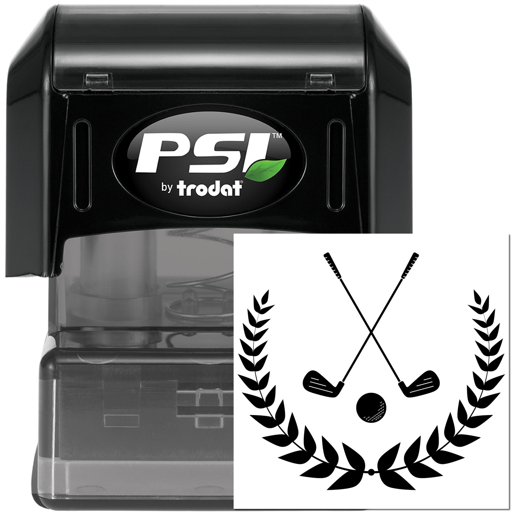 PSI by Trodat custom golf rubber stamp with crossed clubs and laurel wreath for sports club branding and tournament marks.