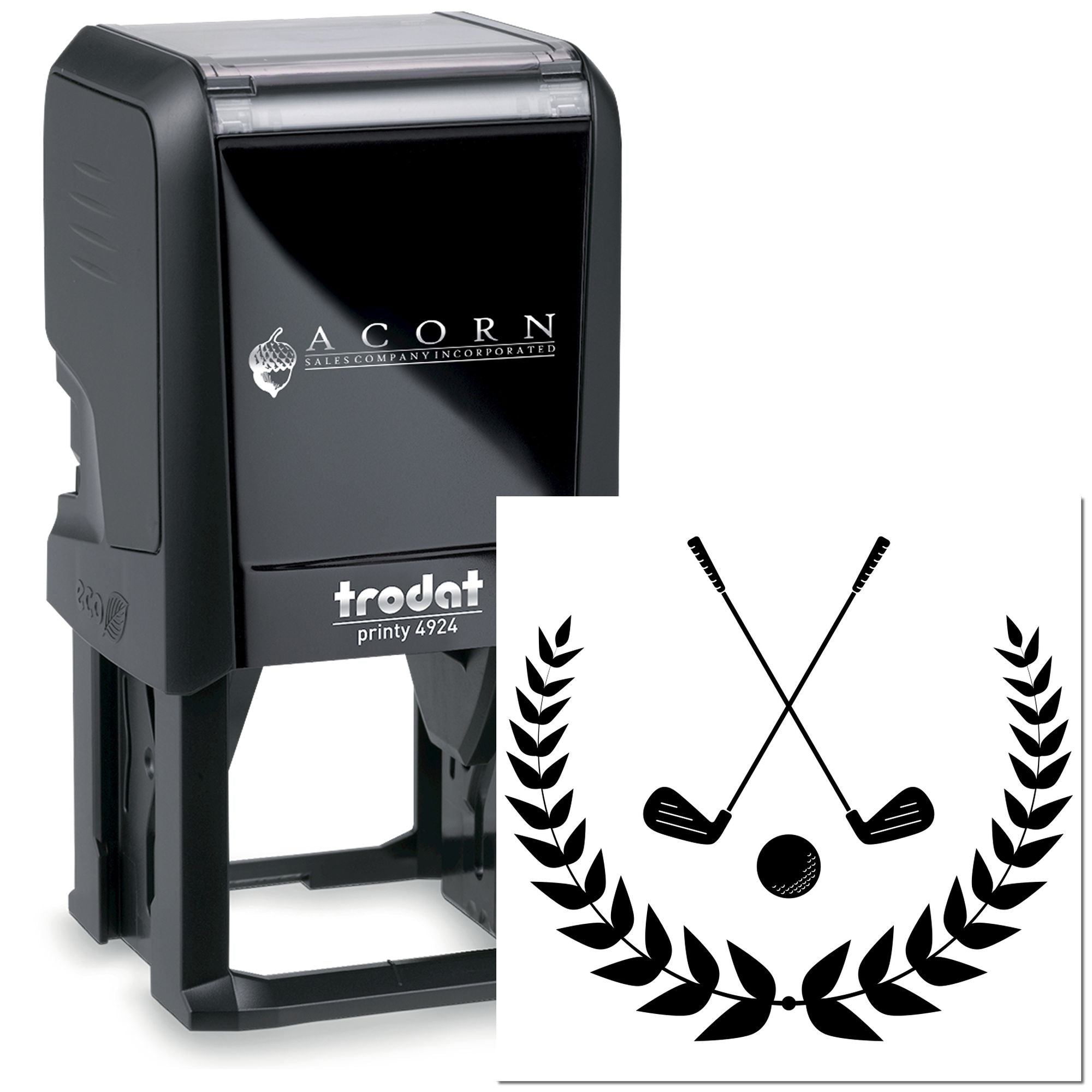 Custom self-inking Trodat rubber stamp with golf club laurel logo, ideal for personalized sports branding and club use.