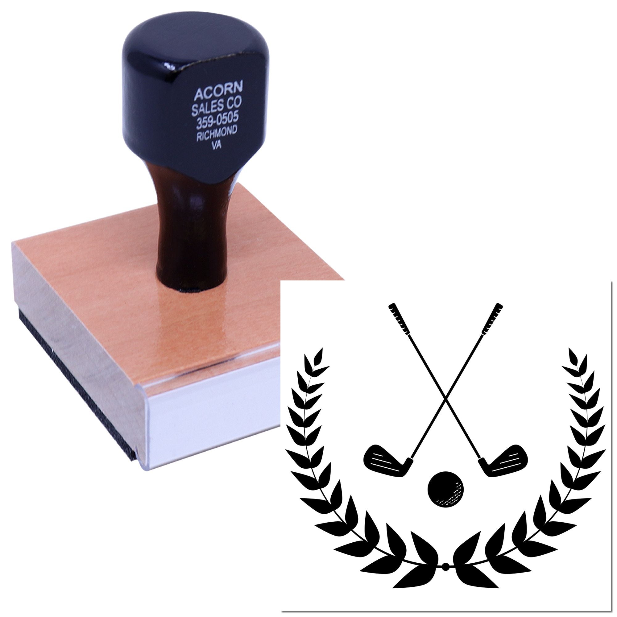 Custom rubber stamp with golf club logo and laurel design for sports branding and stationery.
